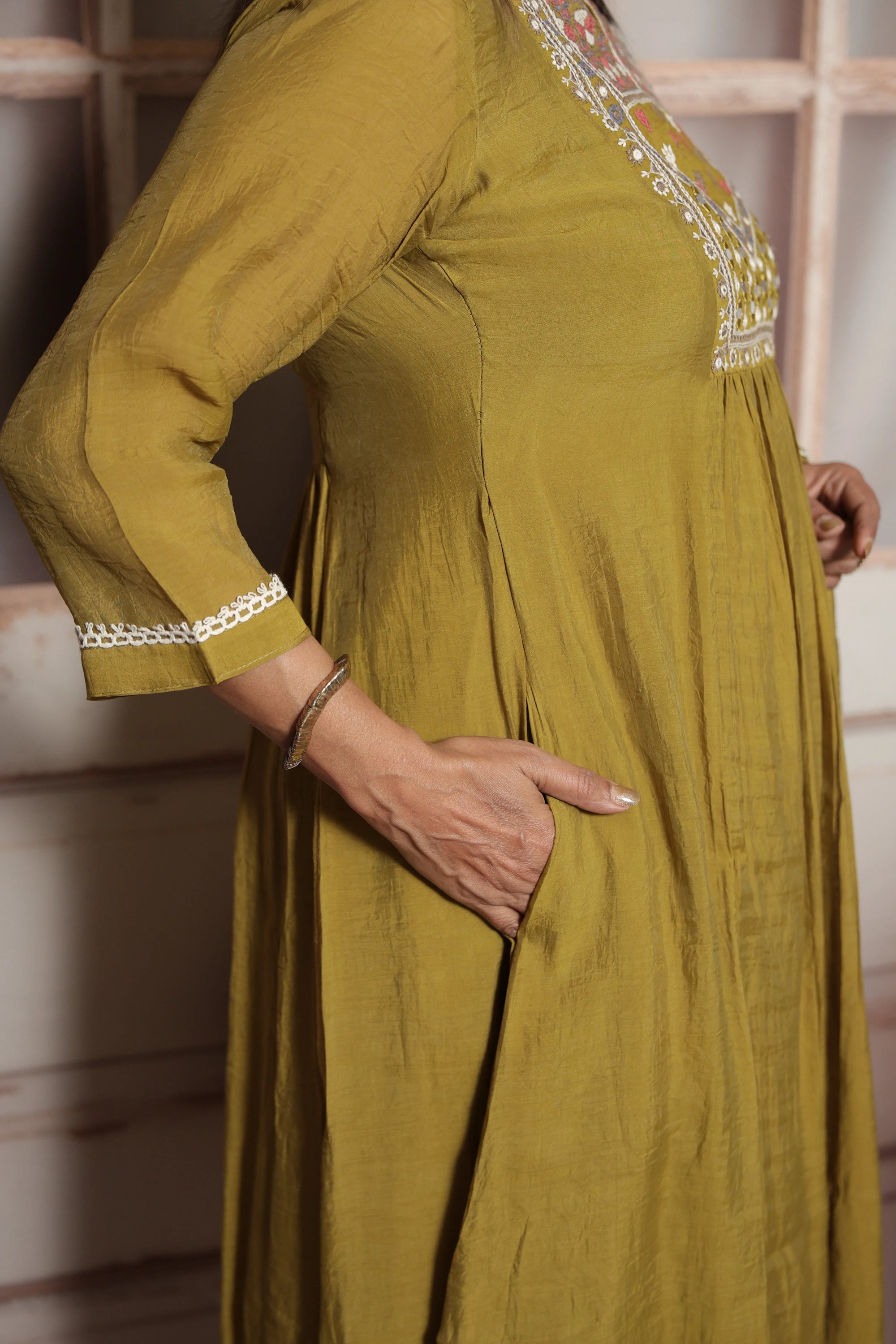Warm Olive A-Line Kurta Dupatta Set | Mul Chanderi | Mirror & Thread Embroidery