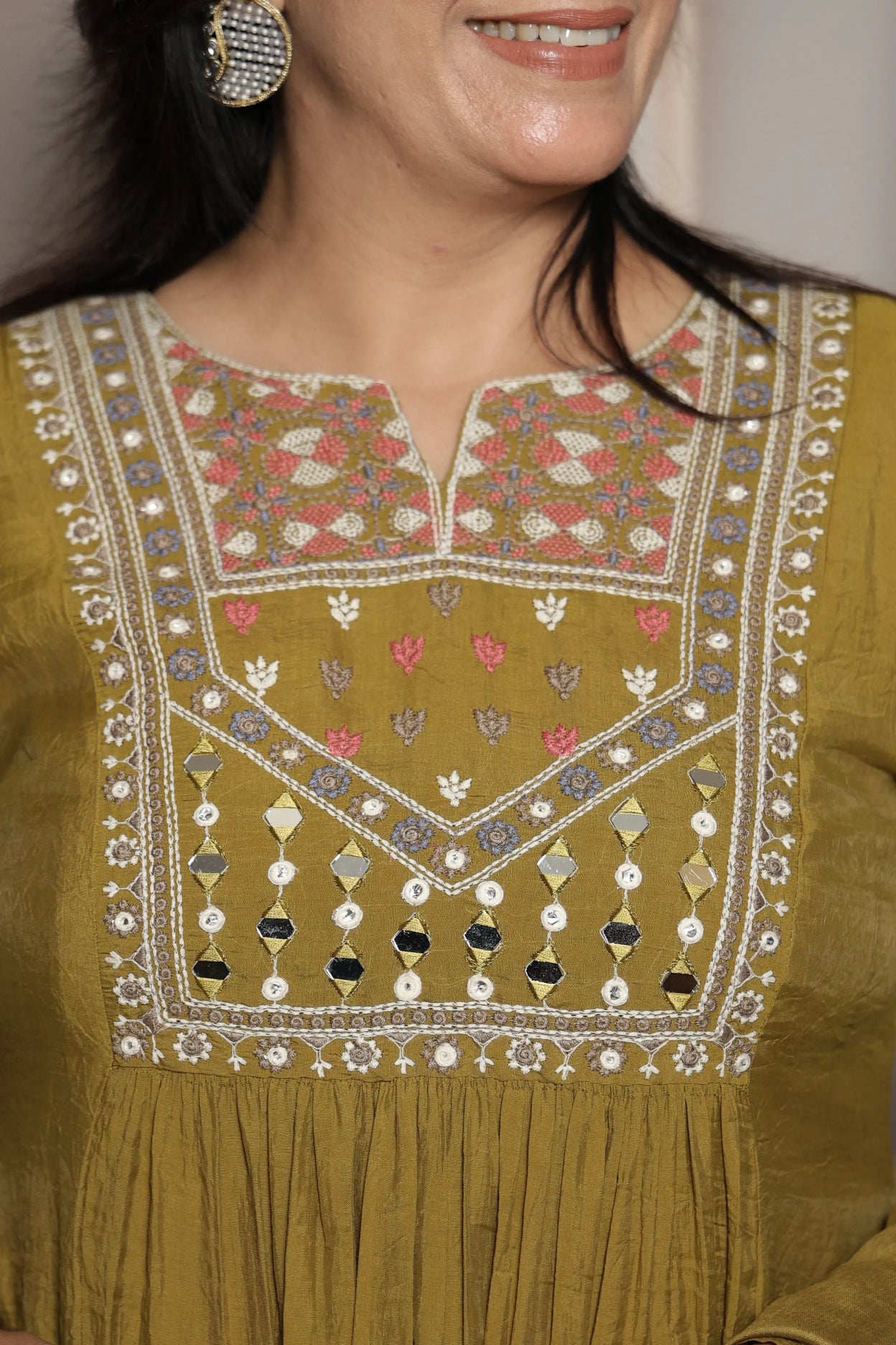 Warm Olive A-Line Kurta Dupatta Set | Mul Chanderi | Mirror & Thread Embroidery