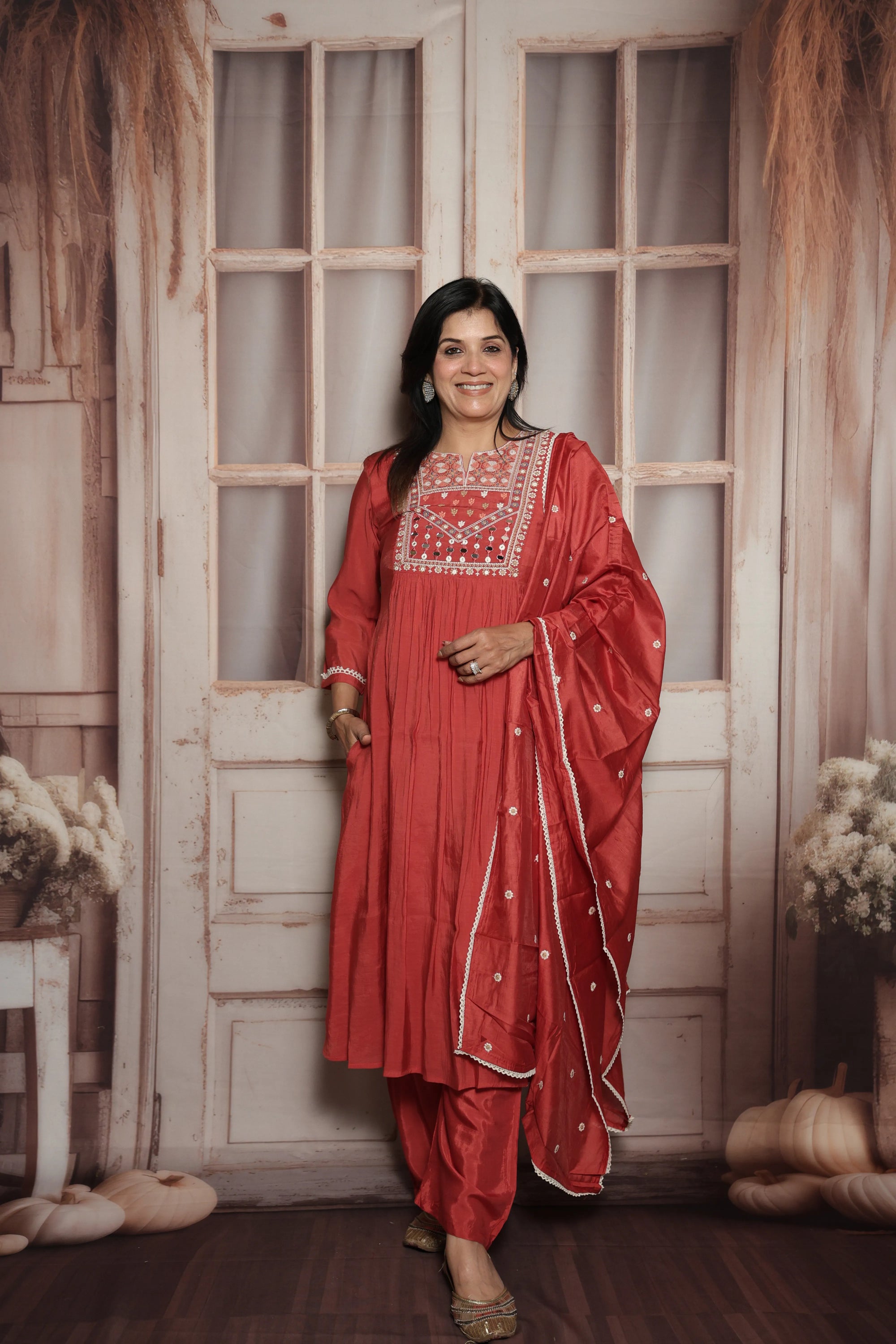 Desert coral A-Line Kurta Dupatta Set | Mul Chanderi | Mirror & Thread Embroidery