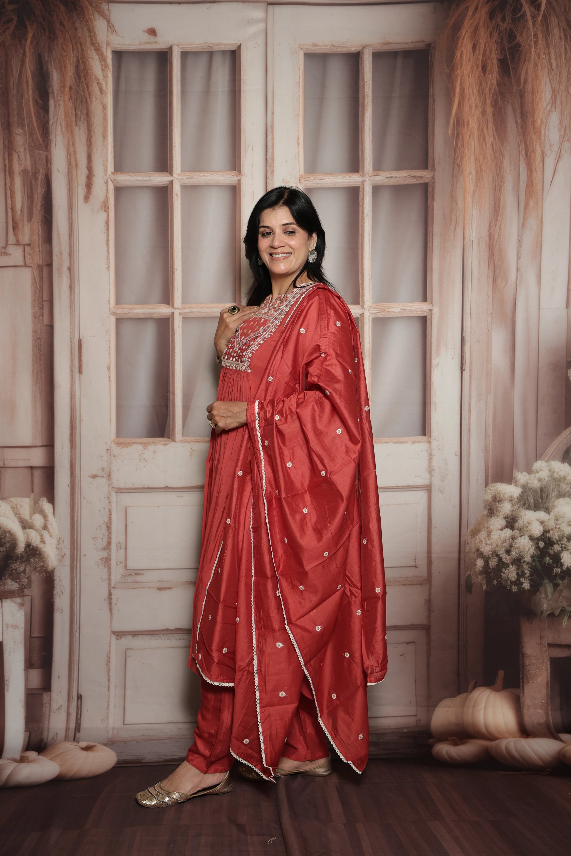 Desert coral A-Line Kurta Dupatta Set | Mul Chanderi | Mirror & Thread Embroidery