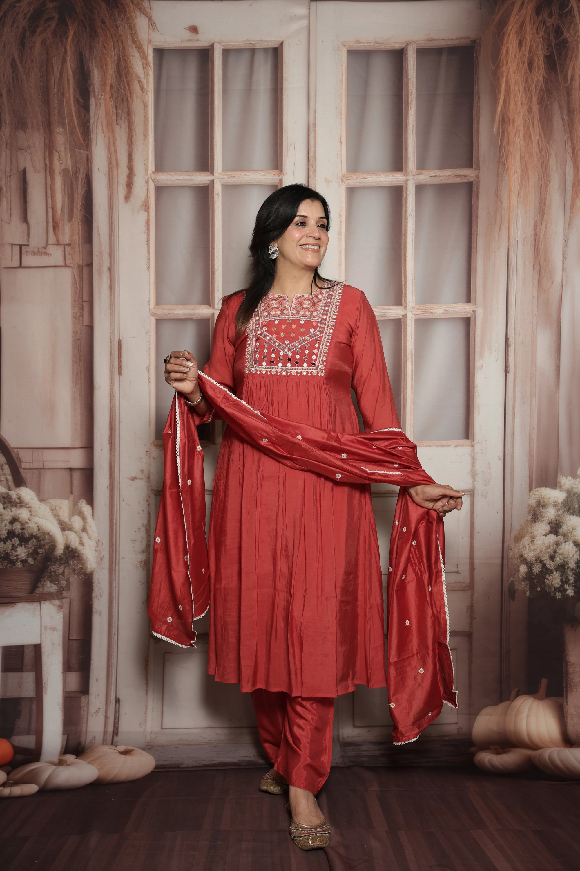 Desert coral A-Line Kurta Dupatta Set | Mul Chanderi | Mirror & Thread Embroidery