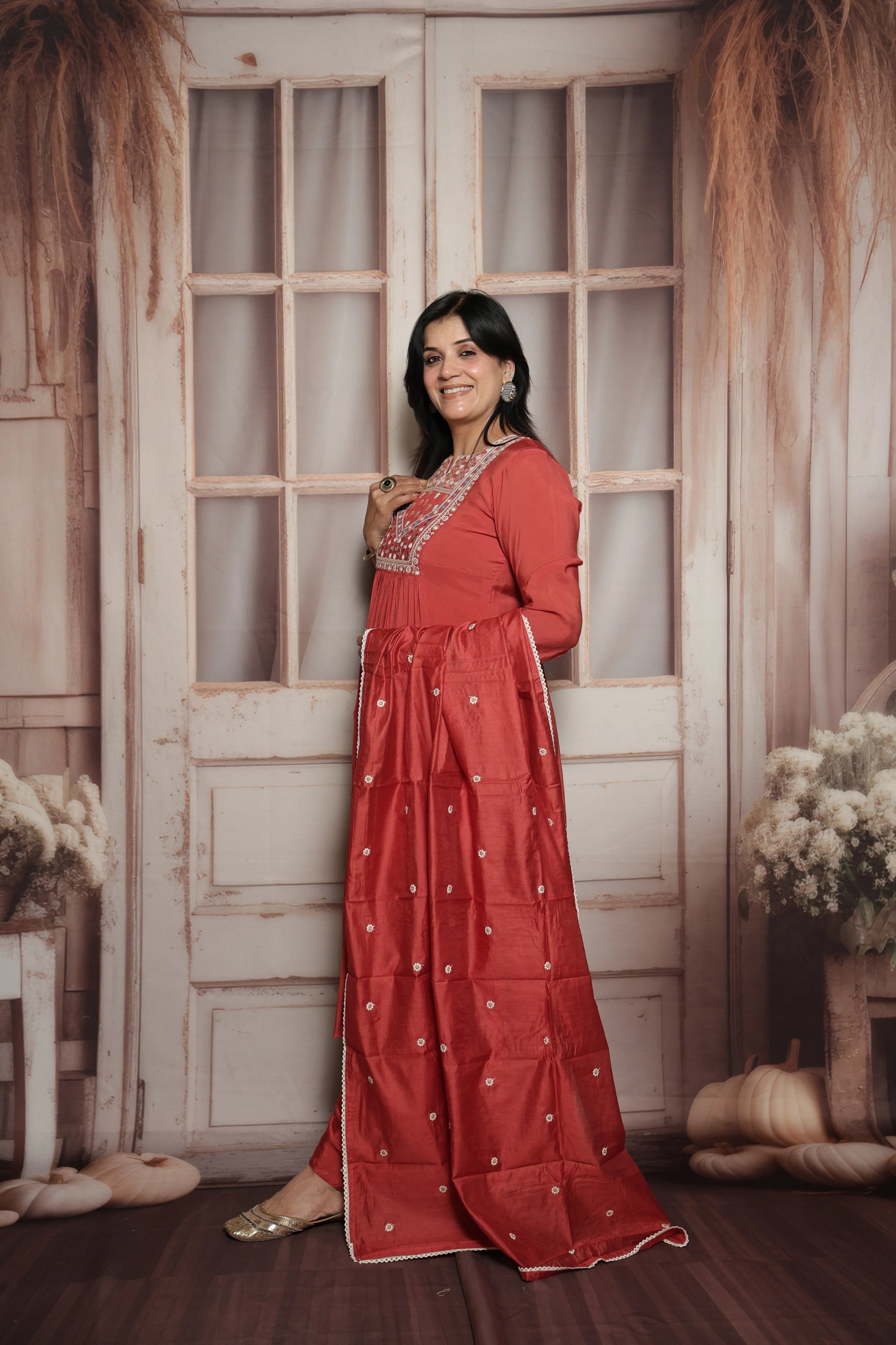 Desert coral A-Line Kurta Dupatta Set | Mul Chanderi | Mirror & Thread Embroidery
