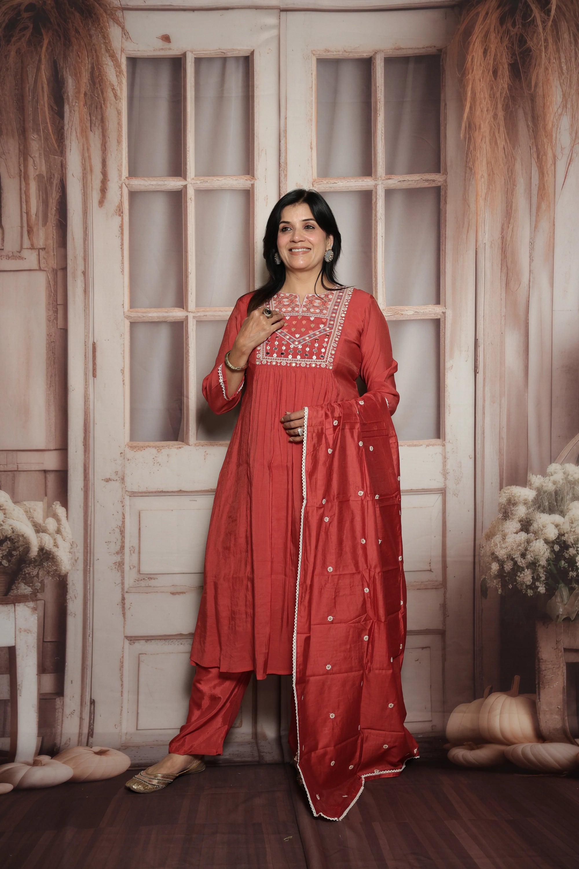 Desert coral A-Line Kurta Dupatta Set | Mul Chanderi | Mirror & Thread Embroidery