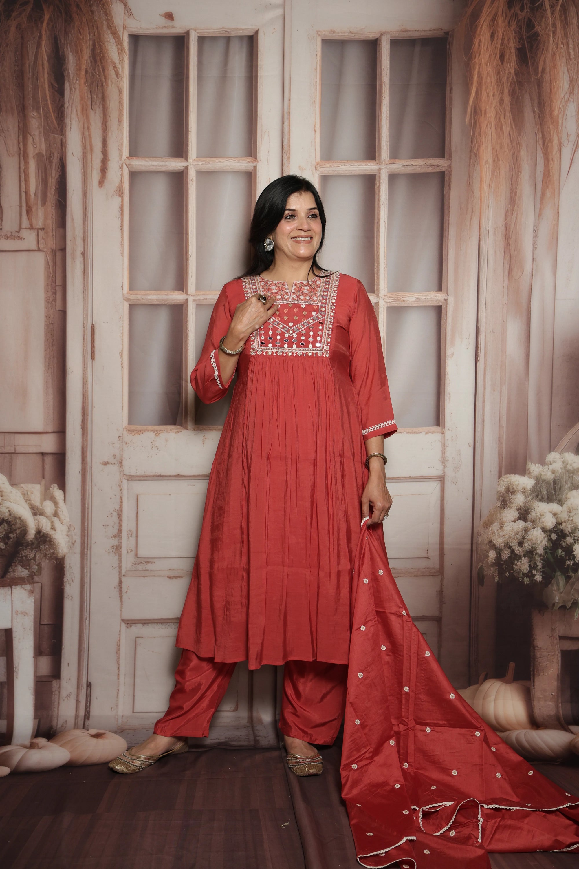 Desert coral A-Line Kurta Dupatta Set | Mul Chanderi | Mirror & Thread Embroidery