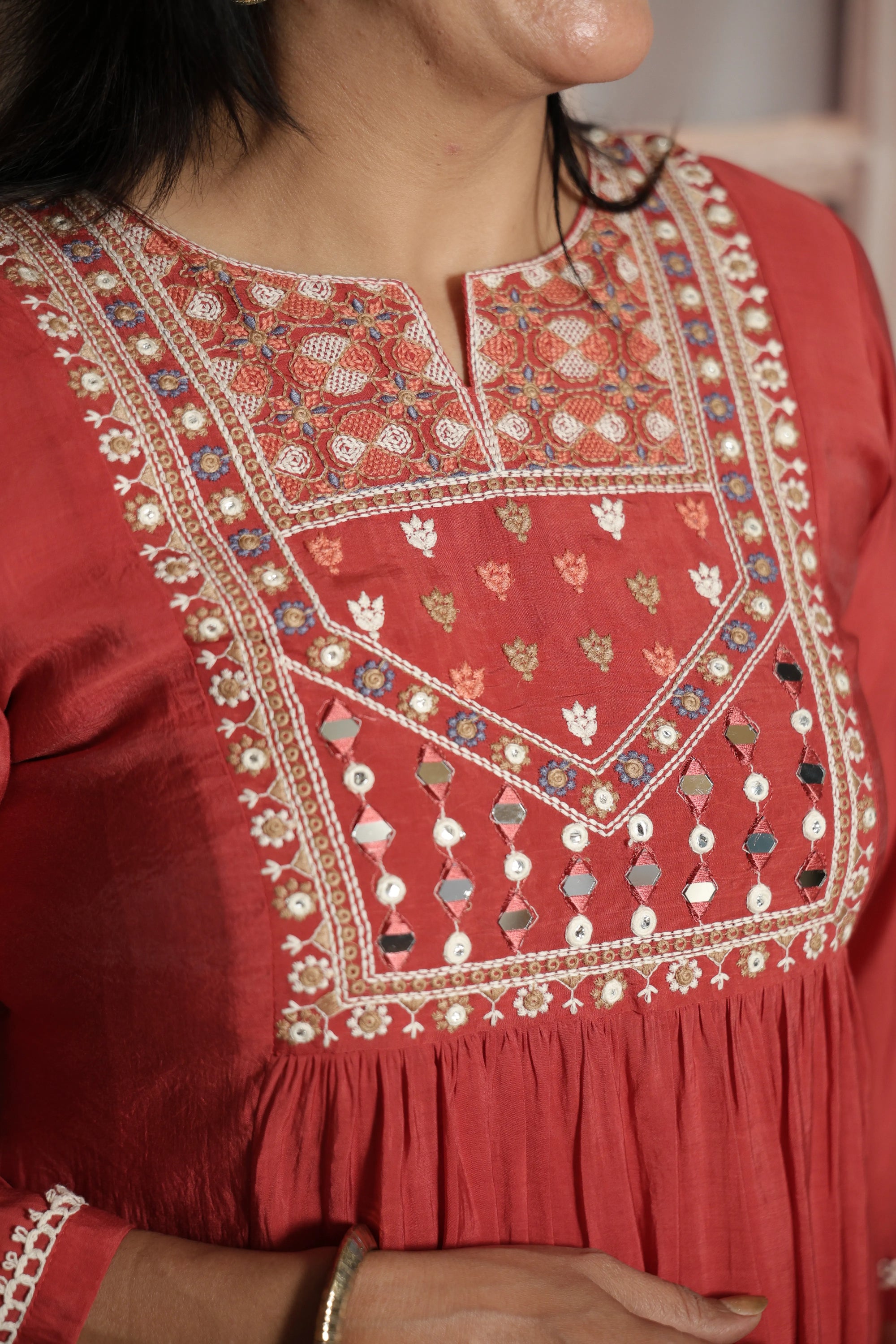 Desert coral A-Line Kurta Dupatta Set | Mul Chanderi | Mirror & Thread Embroidery