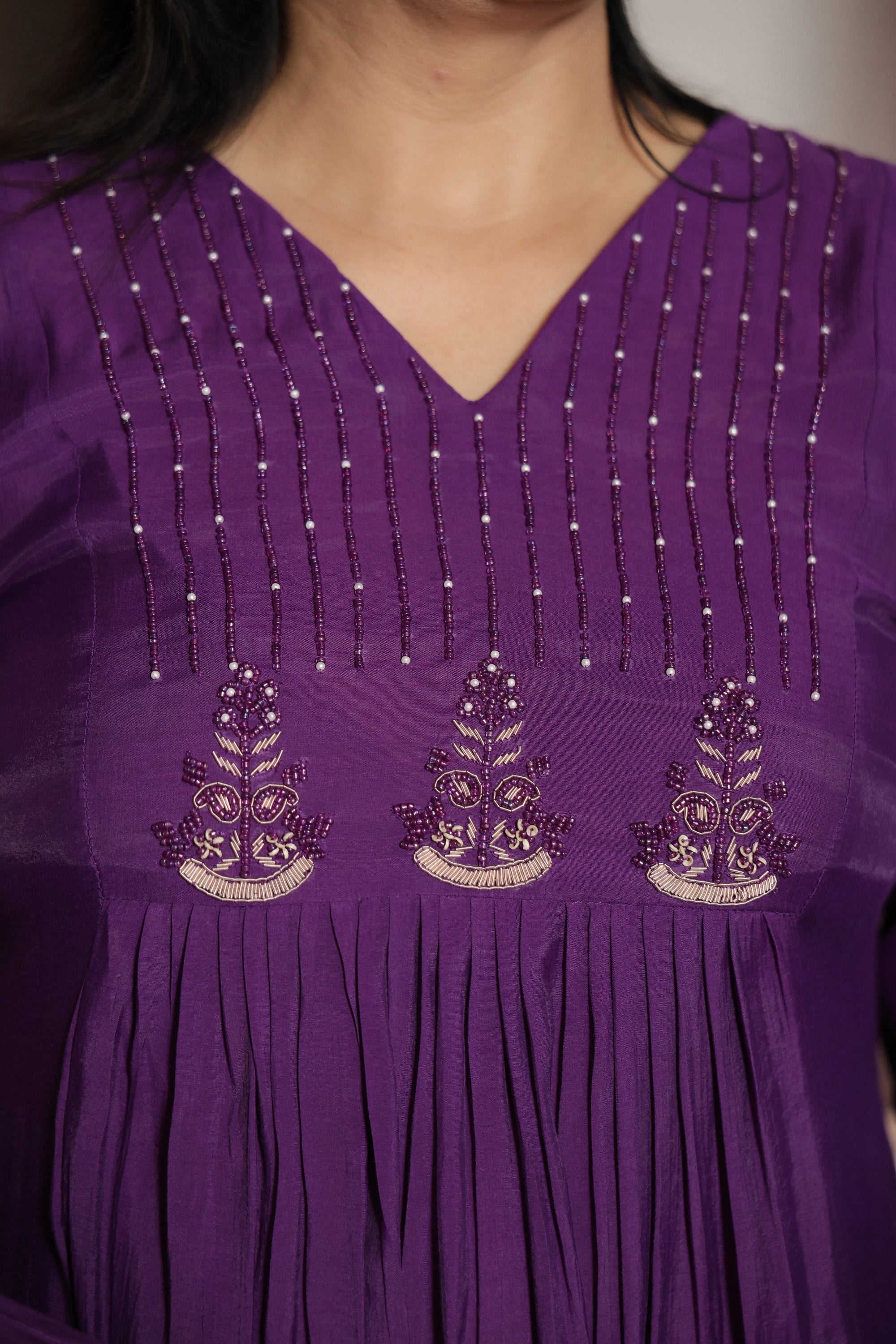 Indigo Purple A-Line Kurta Dupatta Set | Pearl Work & Hand Embroidery