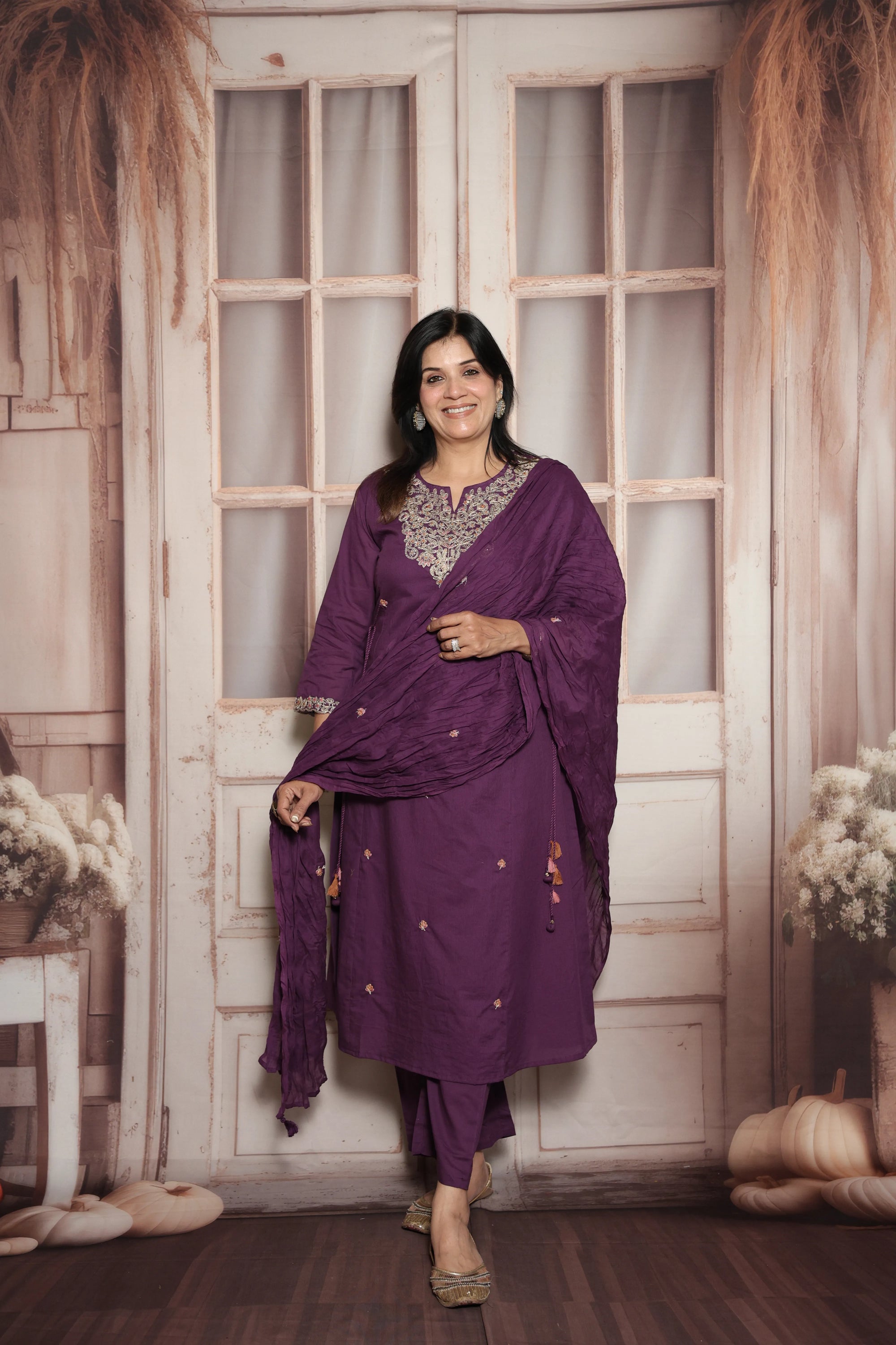 Royal Purple Kurta Dupatta Set | Soft Cotton | Sequins & Thread Embroidery