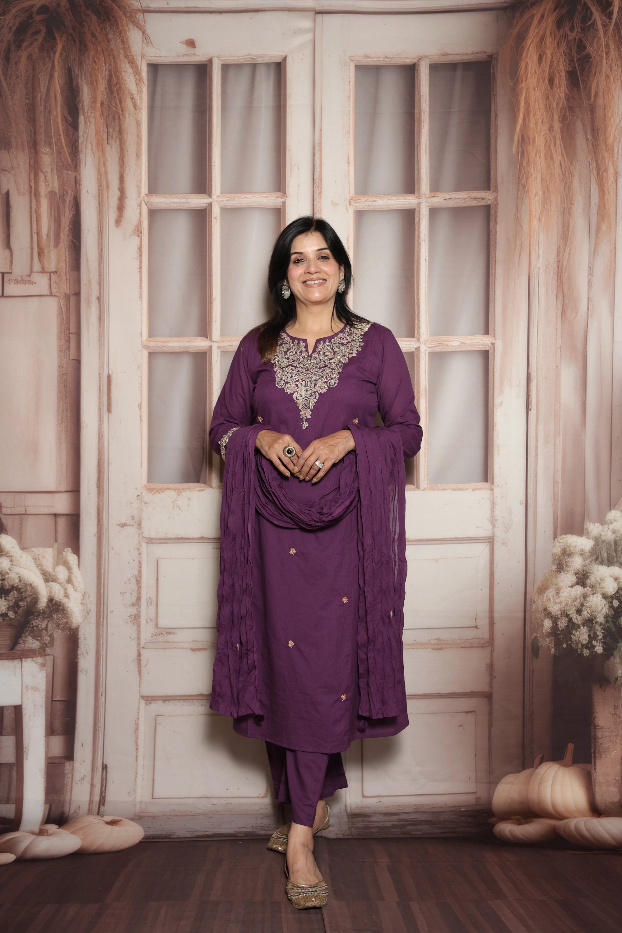 Royal Purple Kurta Dupatta Set | Soft Cotton | Sequins & Thread Embroidery