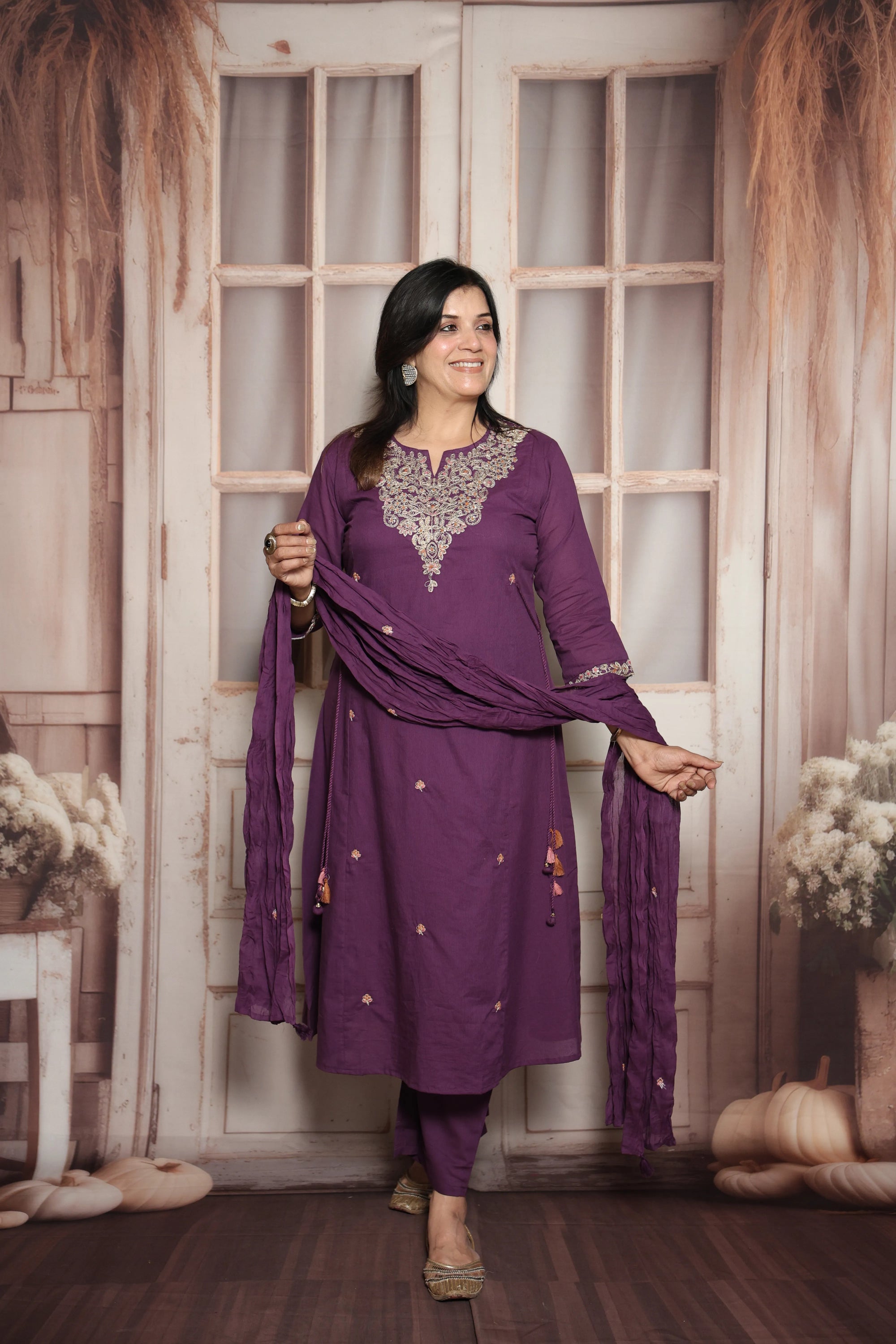 Royal Purple Kurta Dupatta Set | Soft Cotton | Sequins & Thread Embroidery