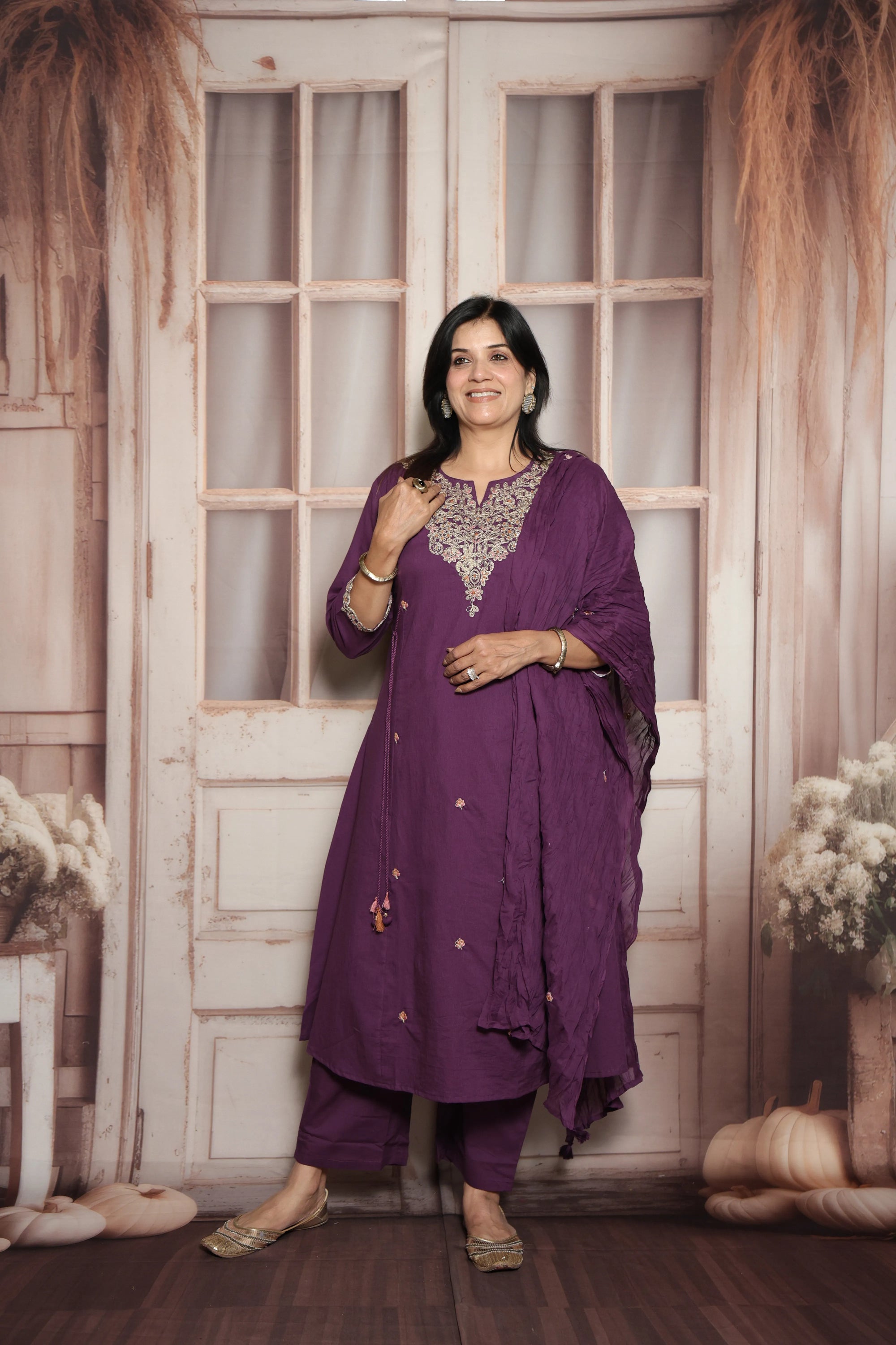 Royal Purple Kurta Dupatta Set | Soft Cotton | Sequins & Thread Embroidery