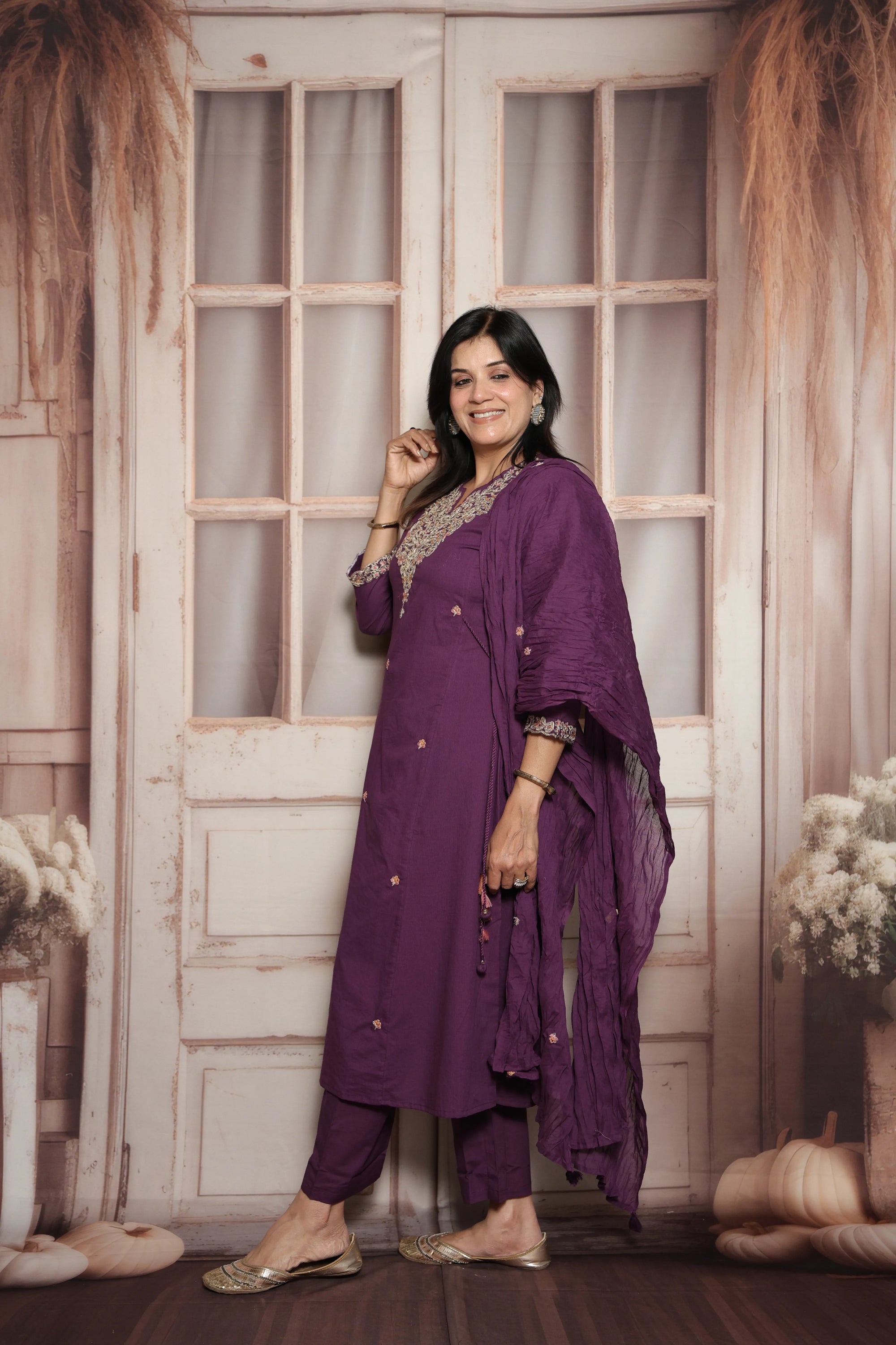 Royal Purple Kurta Dupatta Set | Soft Cotton | Sequins & Thread Embroidery