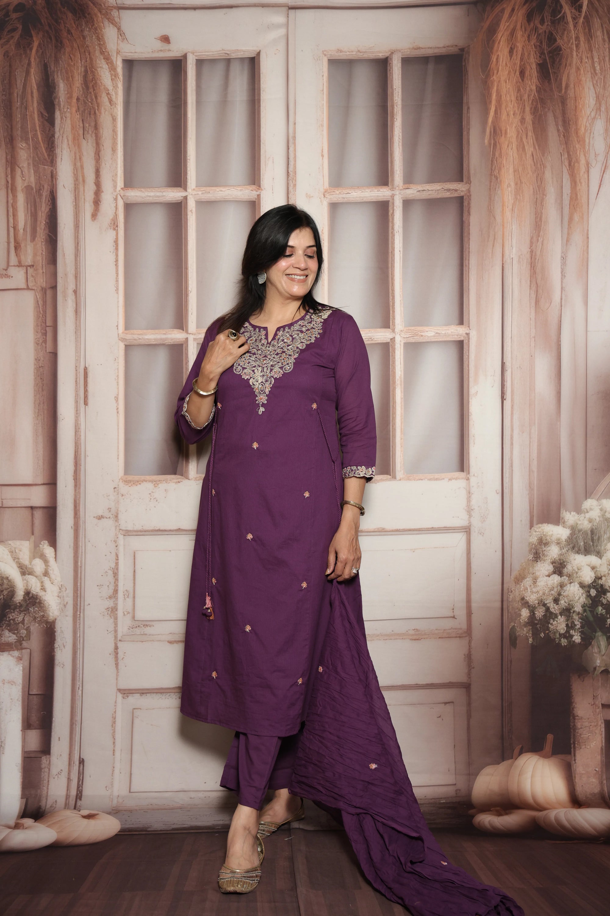 Royal Purple Kurta Dupatta Set | Soft Cotton | Sequins & Thread Embroidery