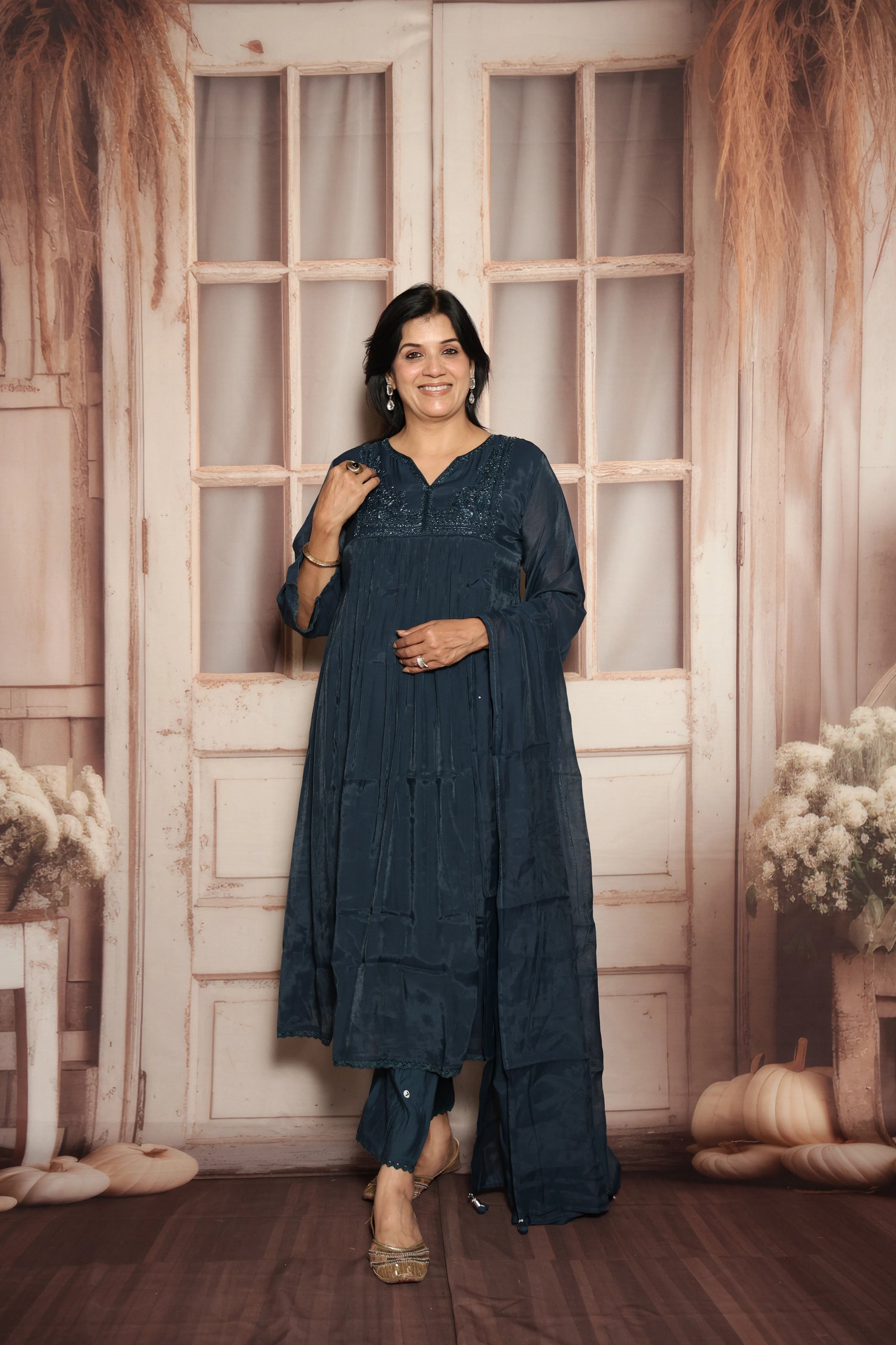 Peacock Blue A-Line Kurta Dupatta Set | Mul Chanderi | Sequins & Pearls Embroidery