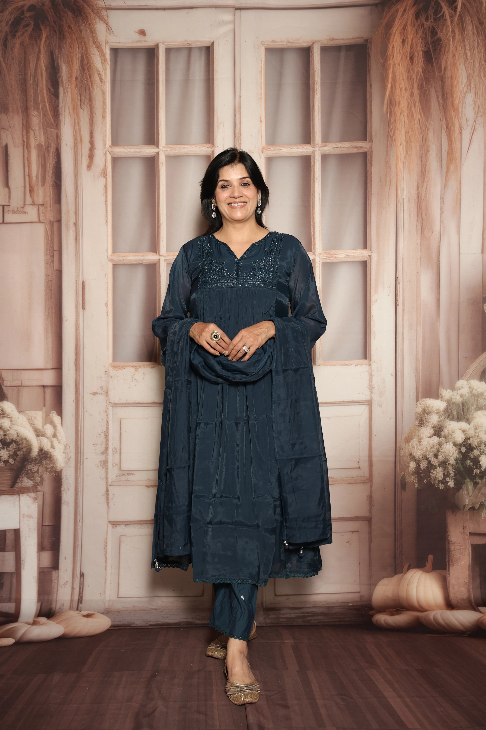 Peacock Blue A-Line Kurta Dupatta Set | Mul Chanderi | Sequins & Pearls Embroidery