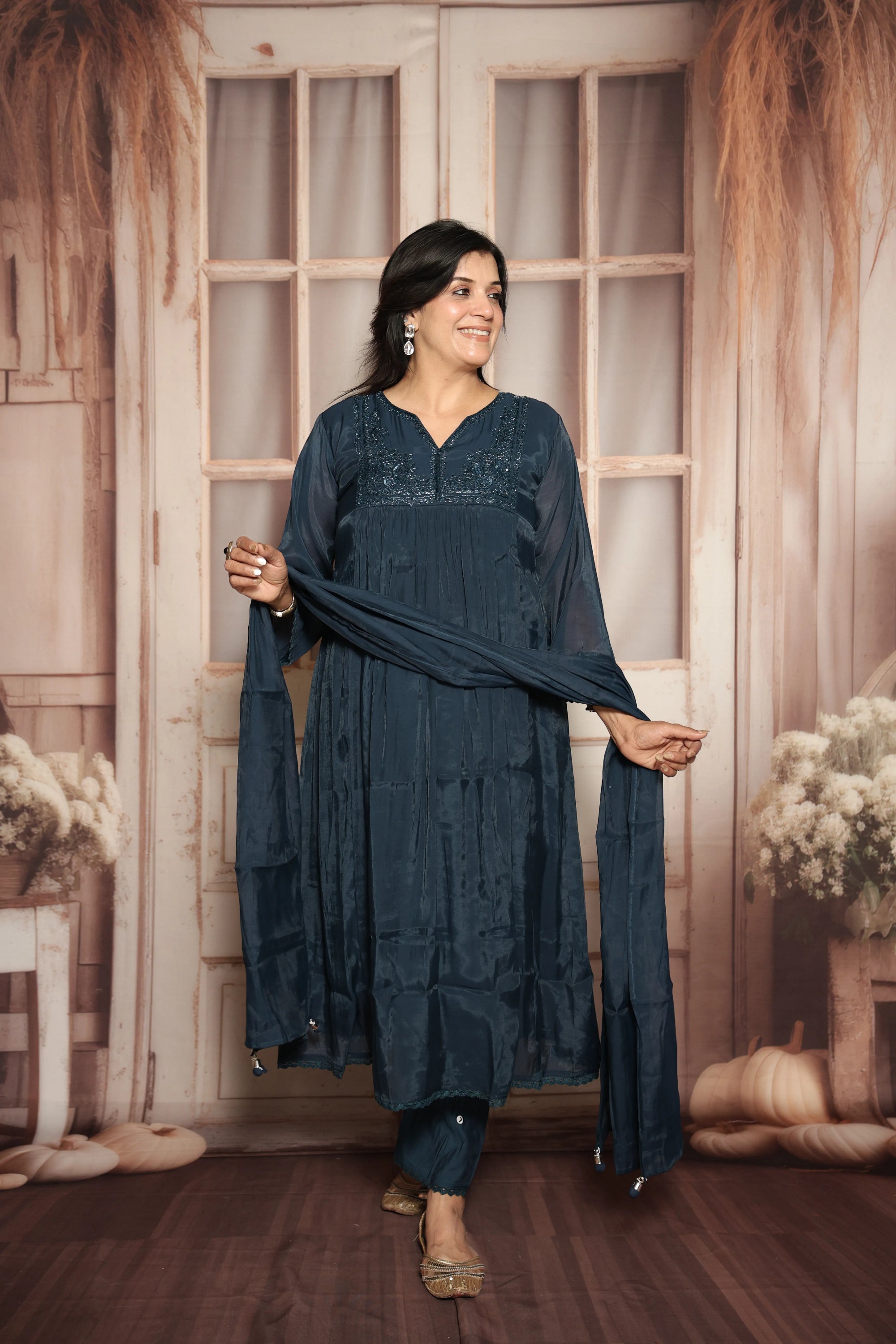 Peacock Blue A-Line Kurta Dupatta Set | Mul Chanderi | Sequins & Pearls Embroidery