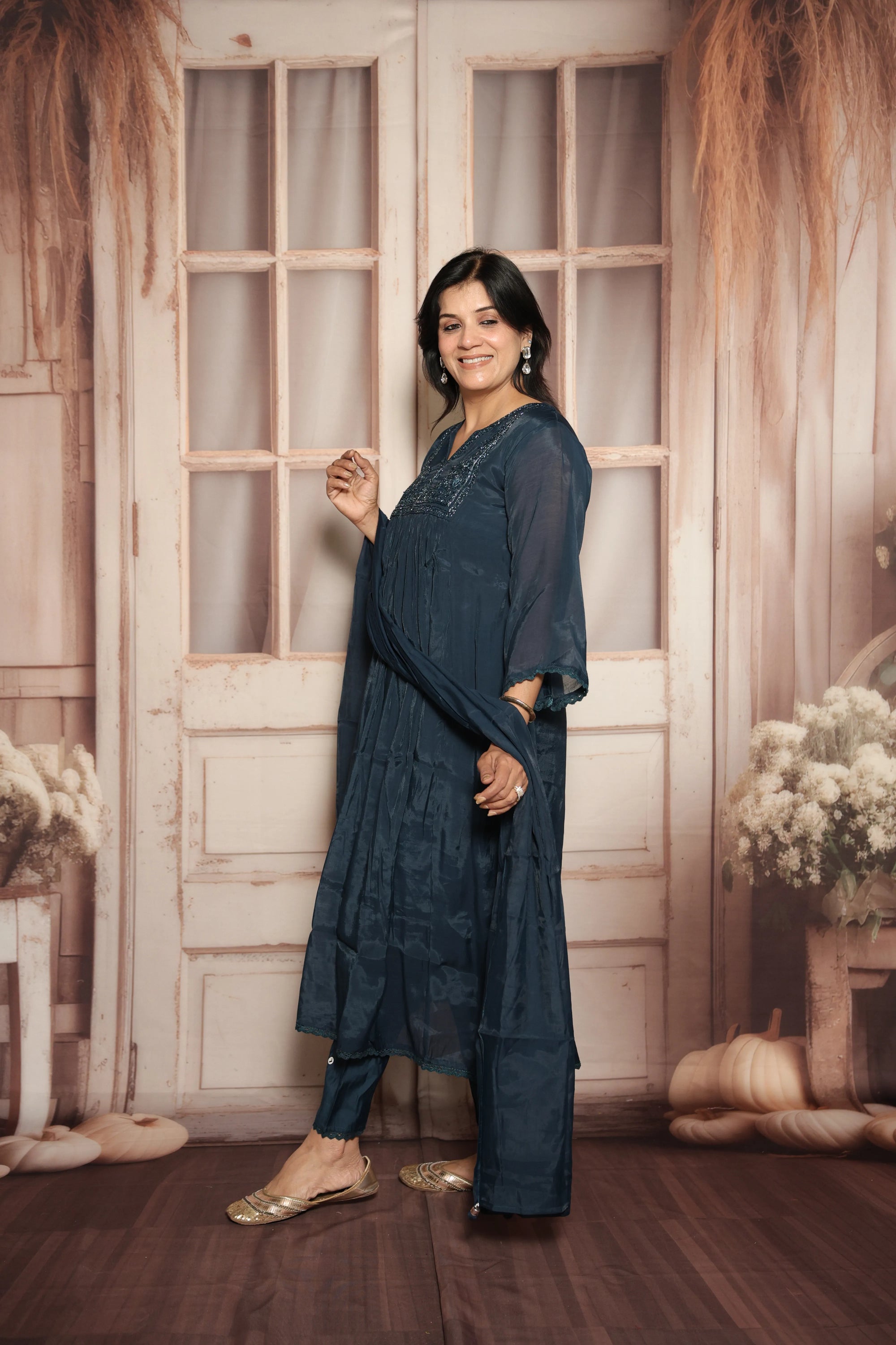 Peacock Blue A-Line Kurta Dupatta Set | Mul Chanderi | Sequins & Pearls Embroidery