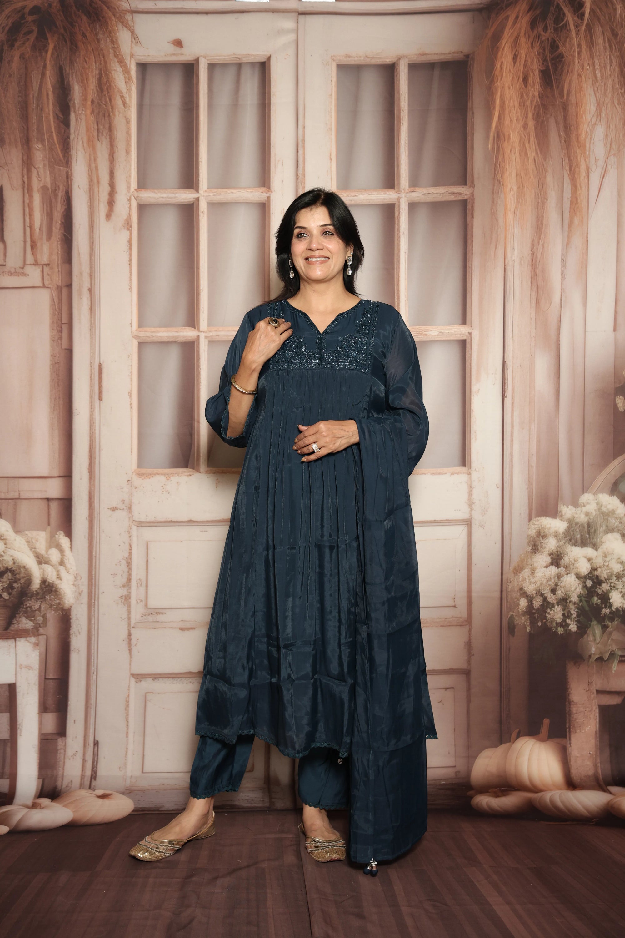 Peacock Blue A-Line Kurta Dupatta Set | Mul Chanderi | Sequins & Pearls Embroidery