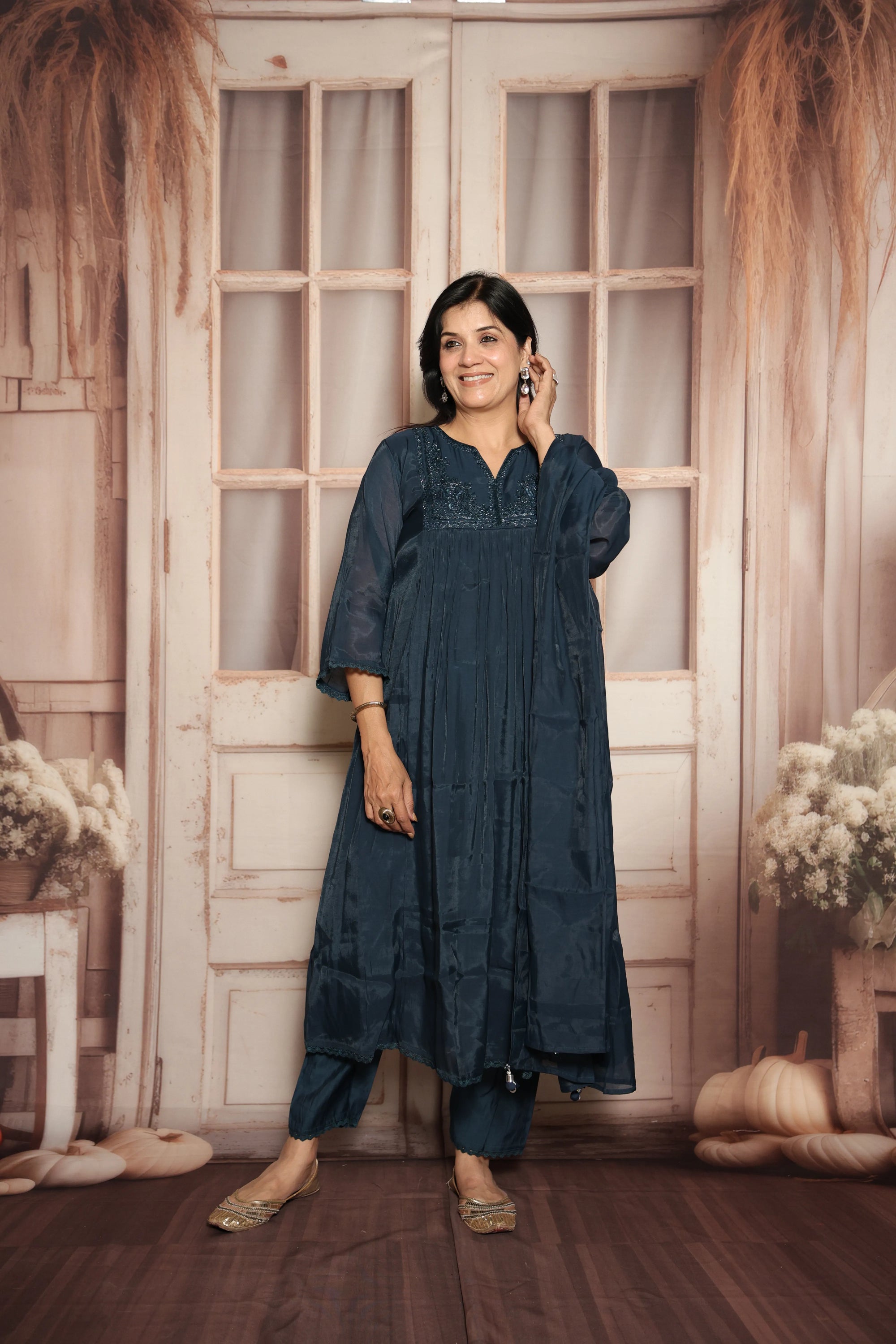 Peacock Blue A-Line Kurta Dupatta Set | Mul Chanderi | Sequins & Pearls Embroidery