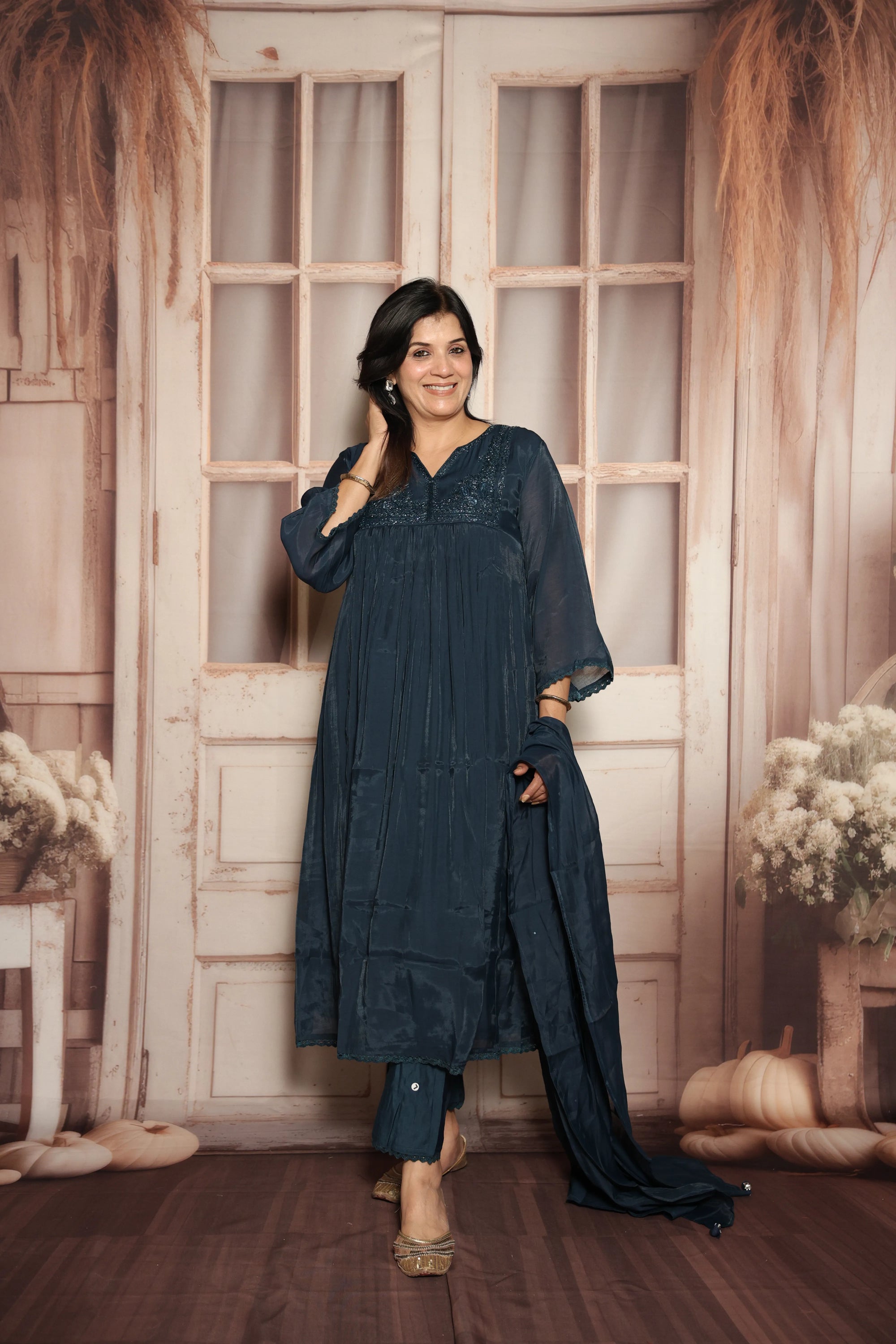 Peacock Blue A-Line Kurta Dupatta Set | Mul Chanderi | Sequins & Pearls Embroidery