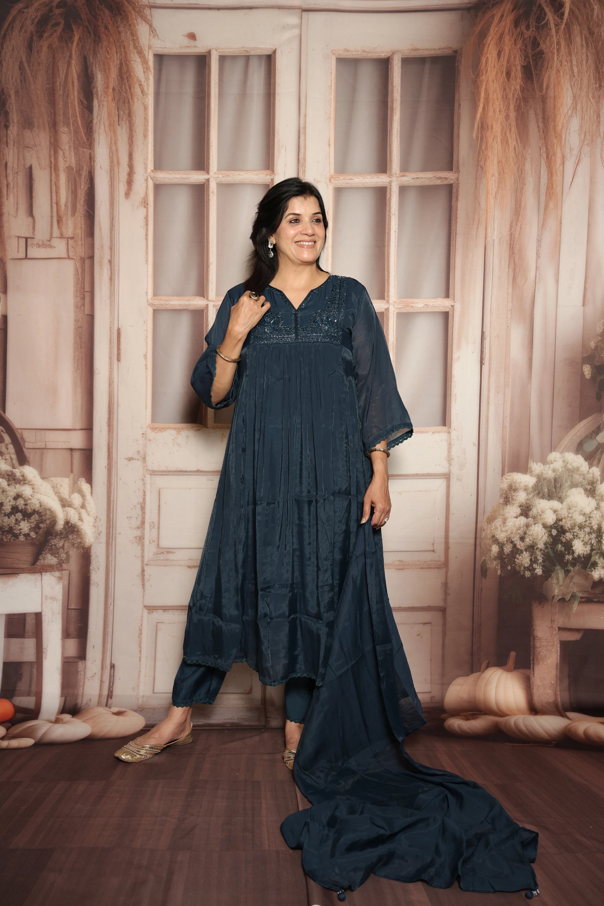 Peacock Blue A-Line Kurta Dupatta Set | Mul Chanderi | Sequins & Pearls Embroidery