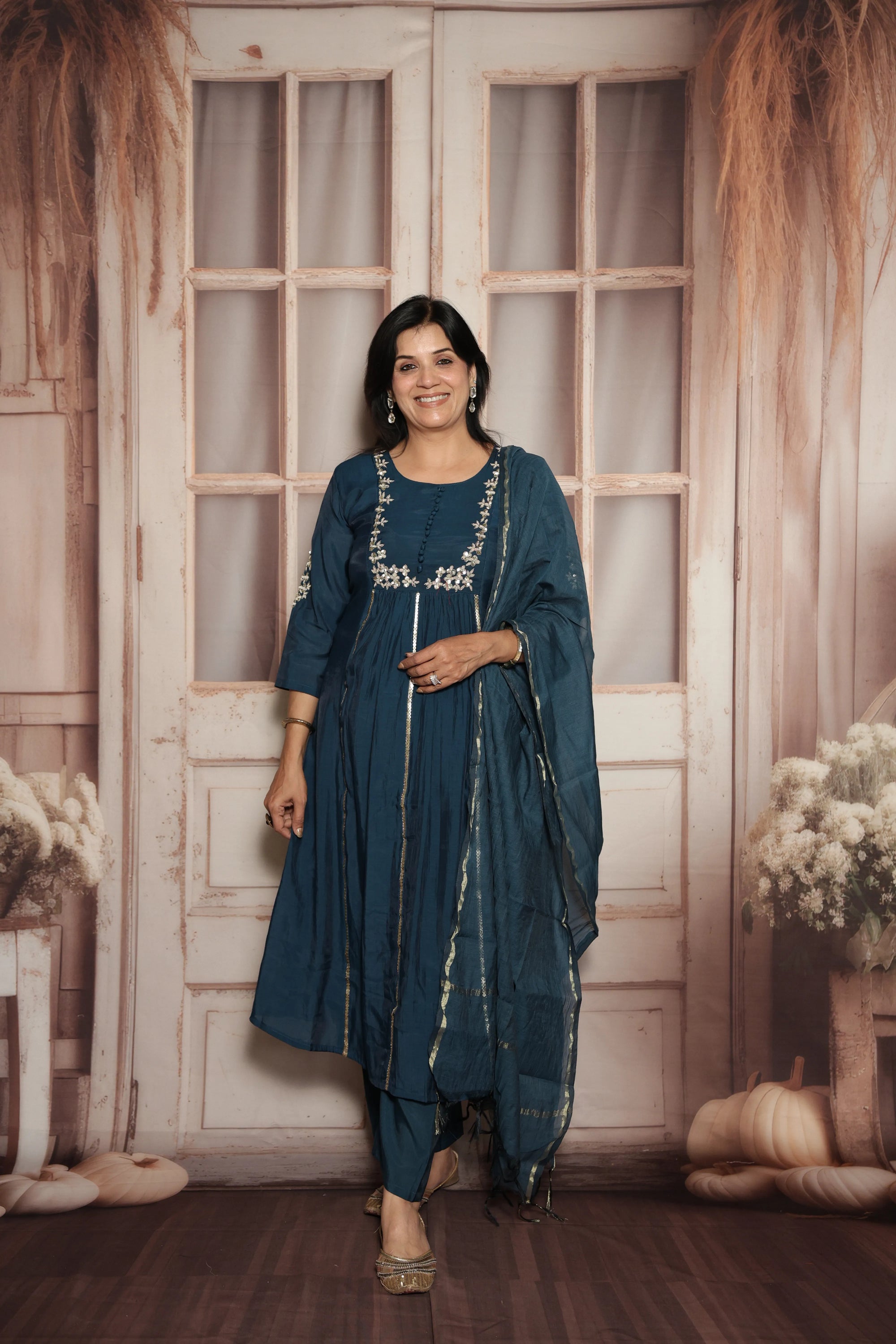 Peacock Blue Kurta Dupatta Set | Mul Chanderi | Sequins & Pearls Embroidery