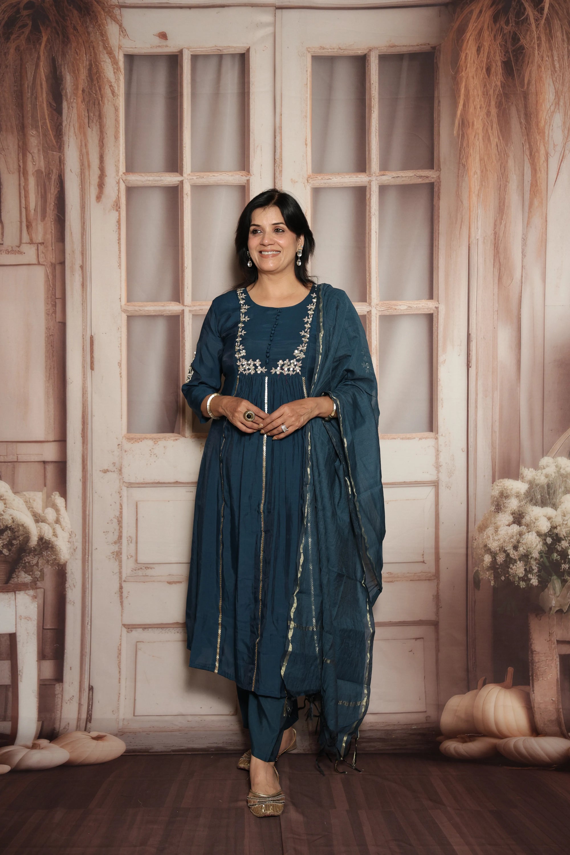 Peacock Blue Kurta Dupatta Set | Mul Chanderi | Sequins & Pearls Embroidery