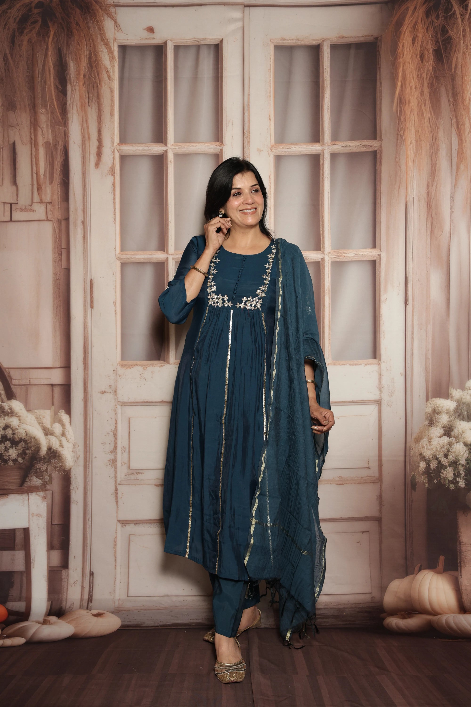 Peacock Blue Kurta Dupatta Set | Mul Chanderi | Sequins & Pearls Embroidery