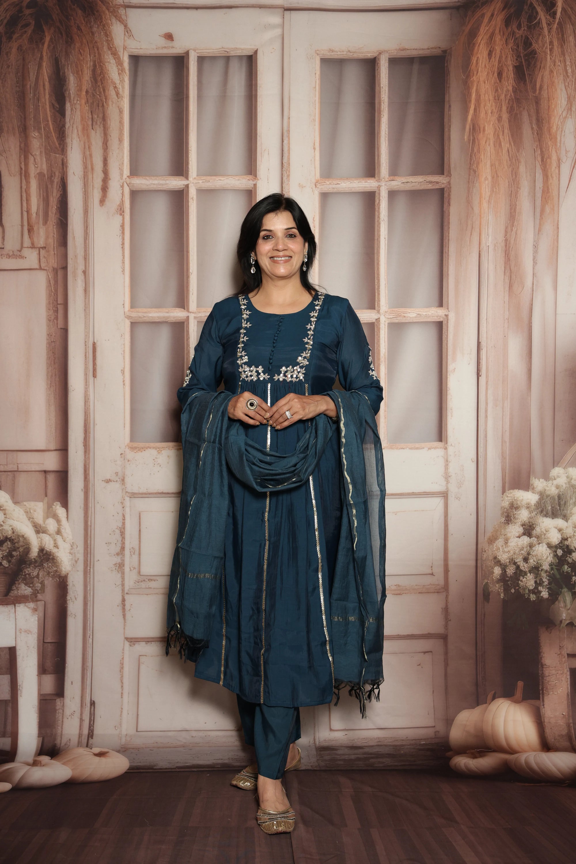 Peacock Blue Kurta Dupatta Set | Mul Chanderi | Sequins & Pearls Embroidery