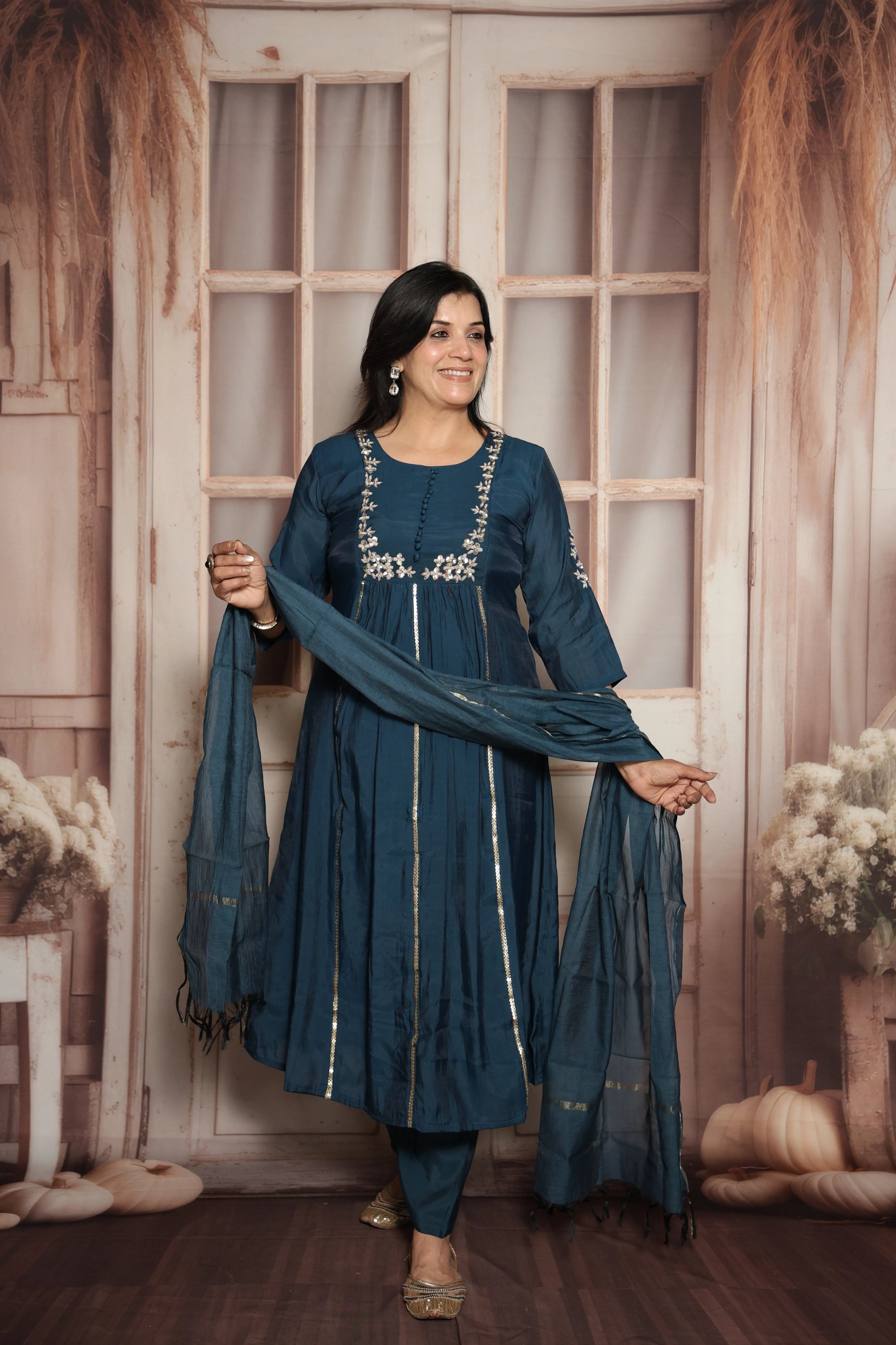 Peacock Blue Kurta Dupatta Set | Mul Chanderi | Sequins & Pearls Embroidery