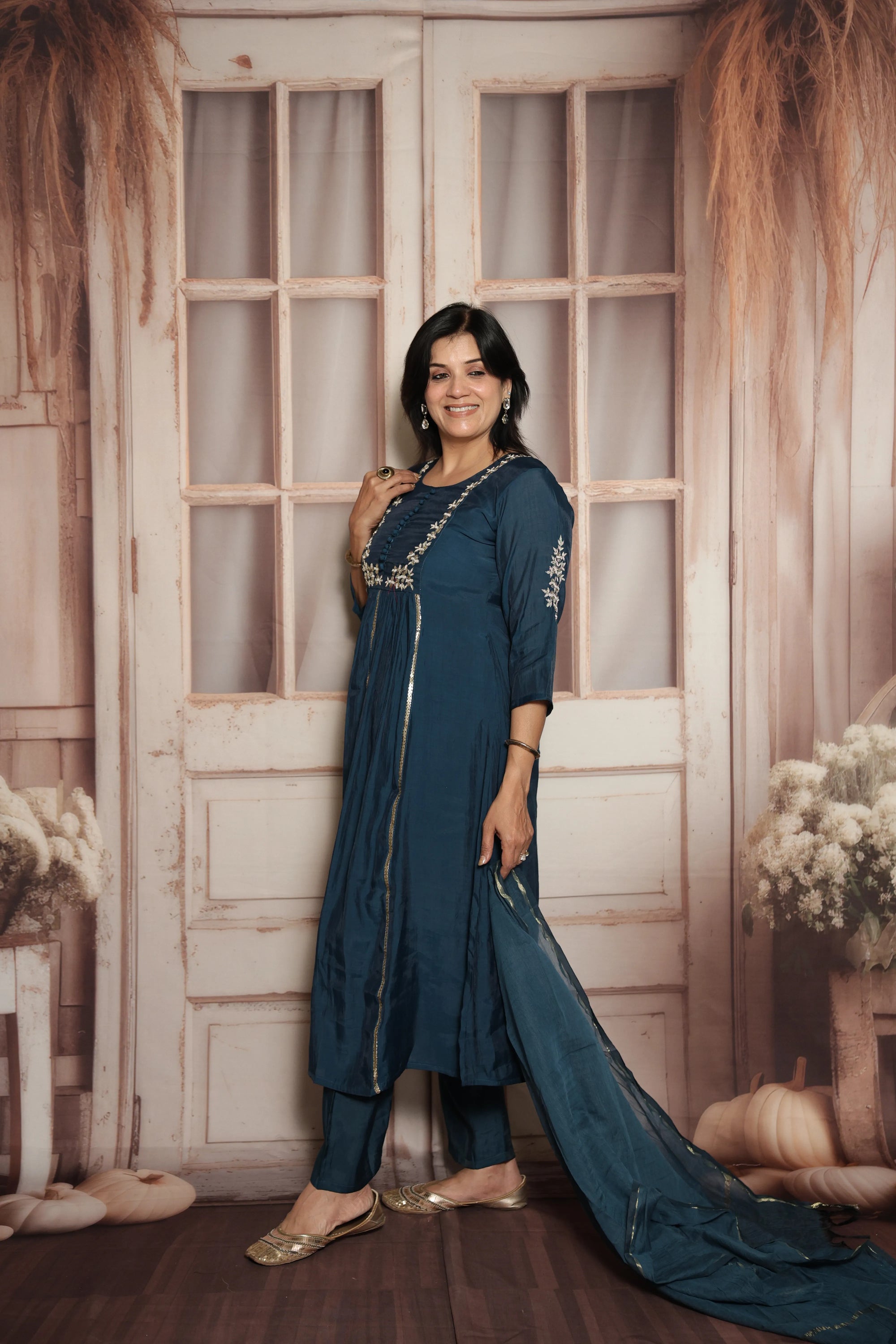 Peacock Blue Kurta Dupatta Set | Mul Chanderi | Sequins & Pearls Embroidery