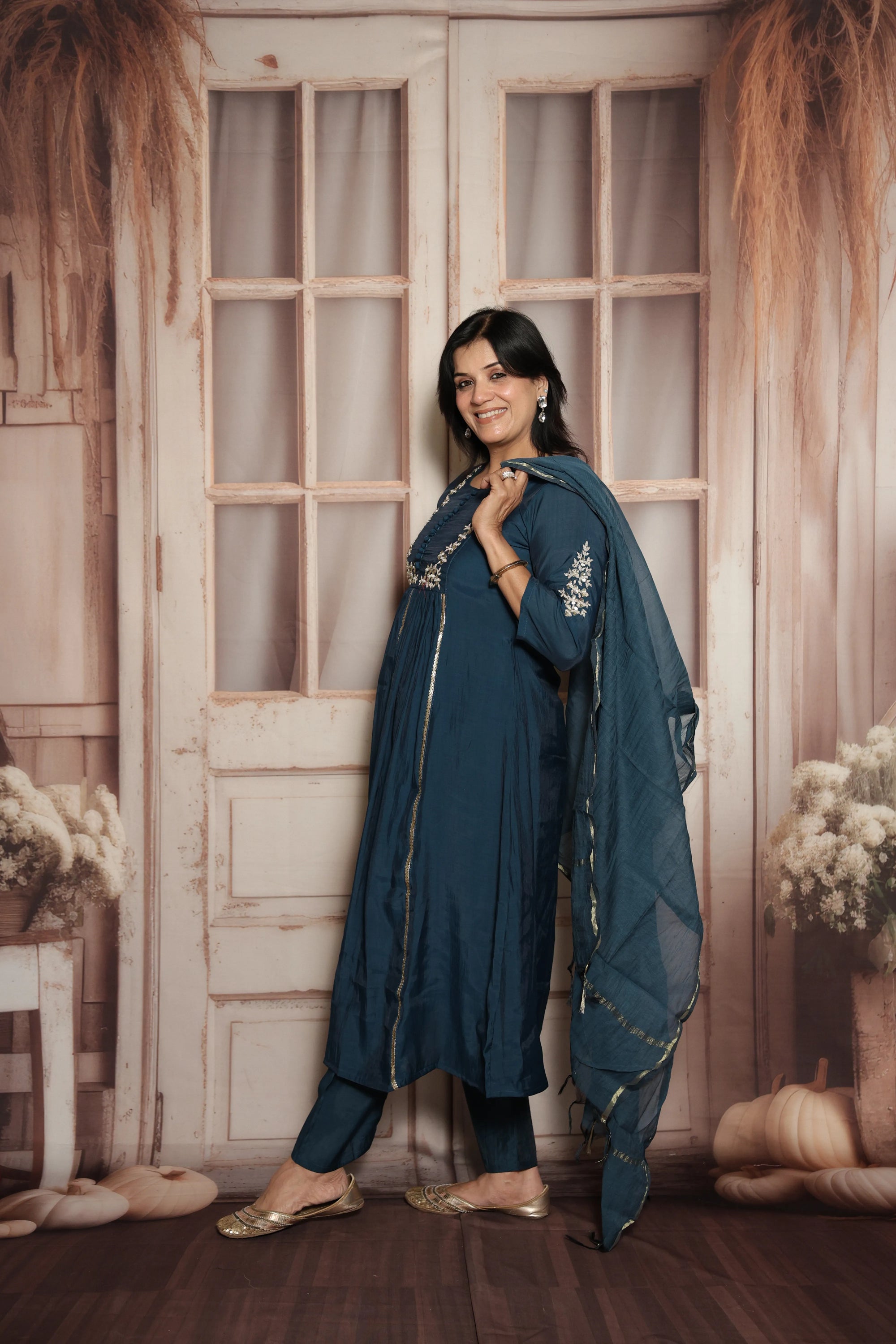 Peacock Blue Kurta Dupatta Set | Mul Chanderi | Sequins & Pearls Embroidery
