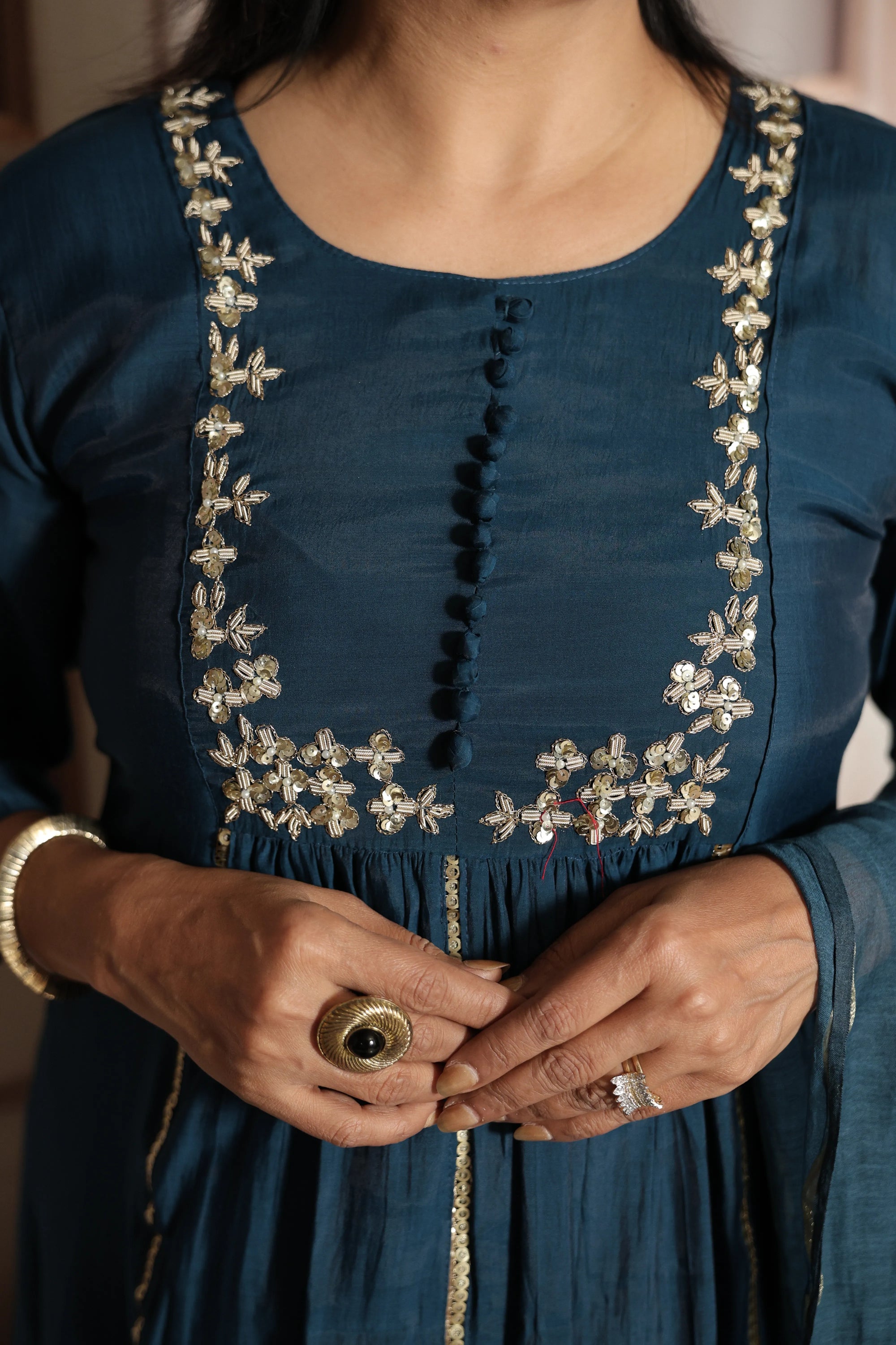 Peacock Blue Kurta Dupatta Set | Mul Chanderi | Sequins & Pearls Embroidery