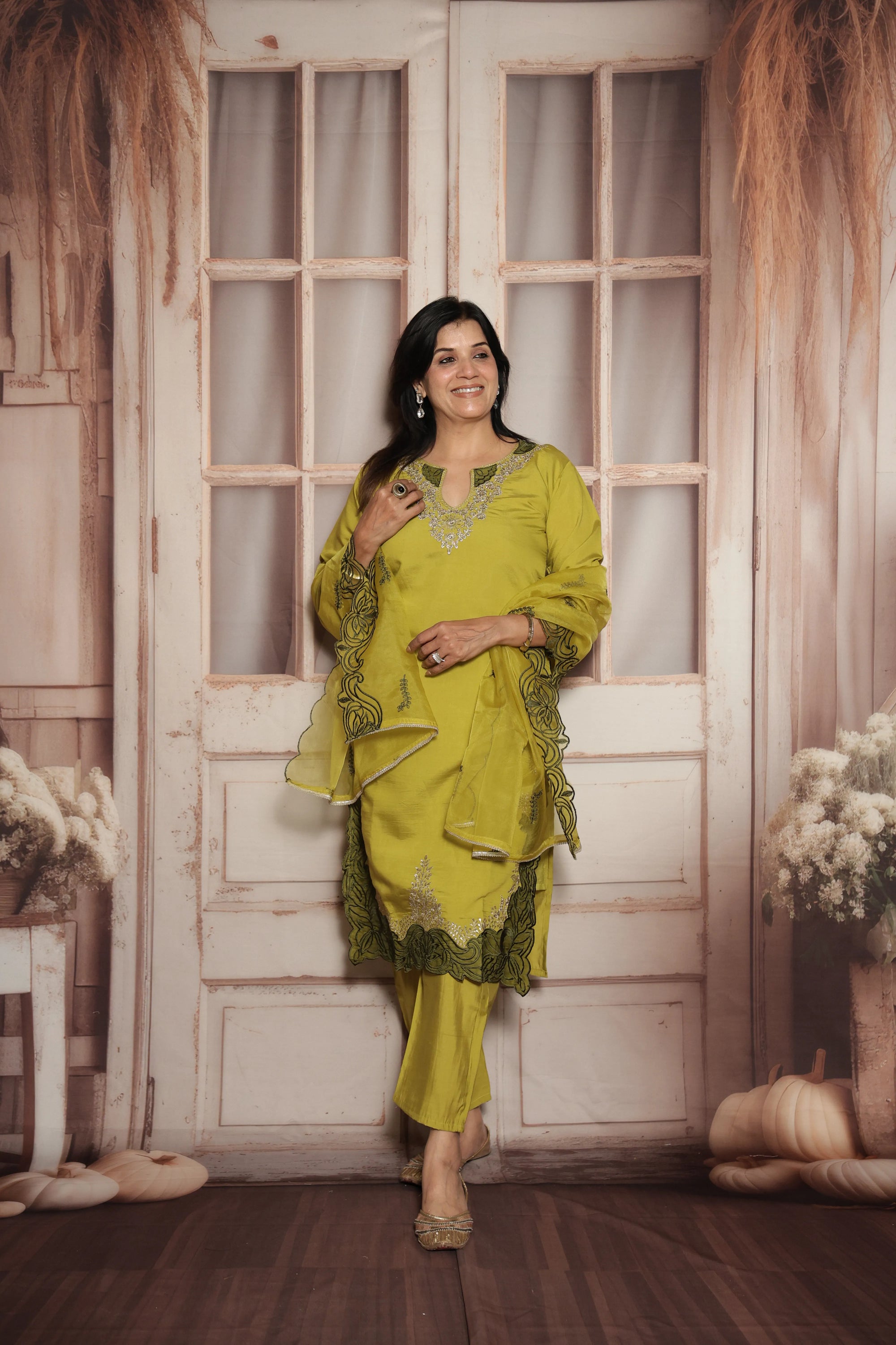 Strong Olive Knee-Length Kurta Dupatta Set | Patch Work & Sequin Embroidery
