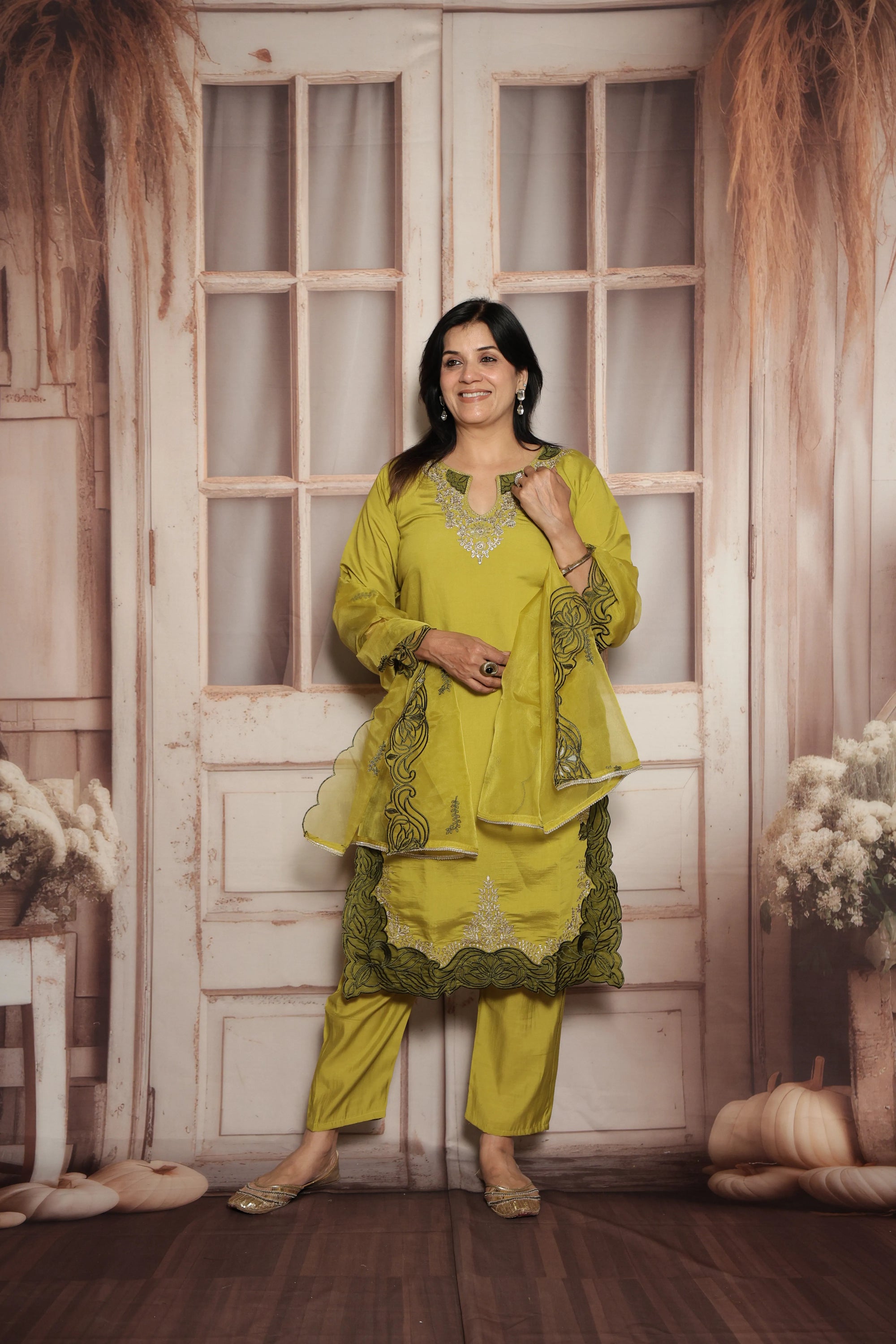 Strong Olive Knee-Length Kurta Dupatta Set | Patch Work & Sequin Embroidery