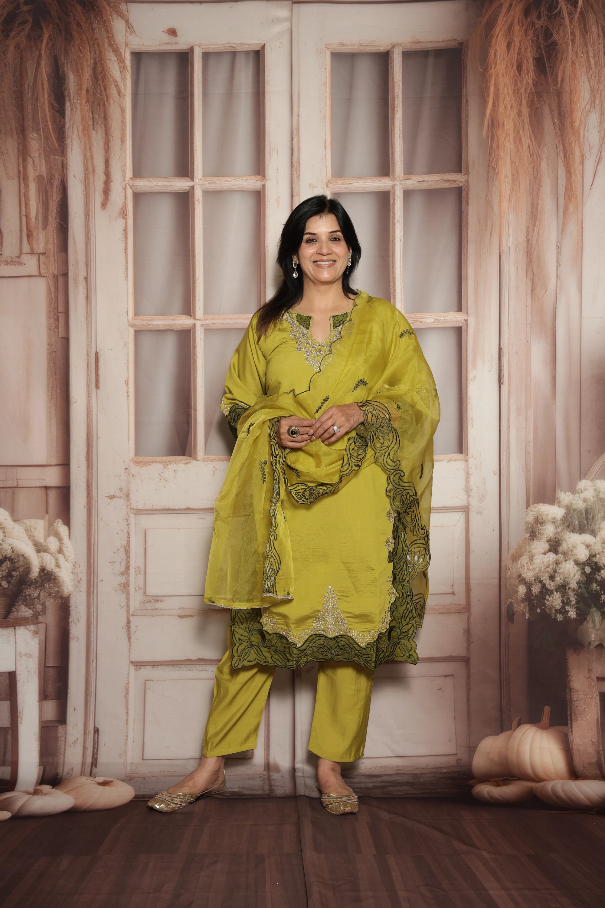 Strong Olive Knee-Length Kurta Dupatta Set | Patch Work & Sequin Embroidery