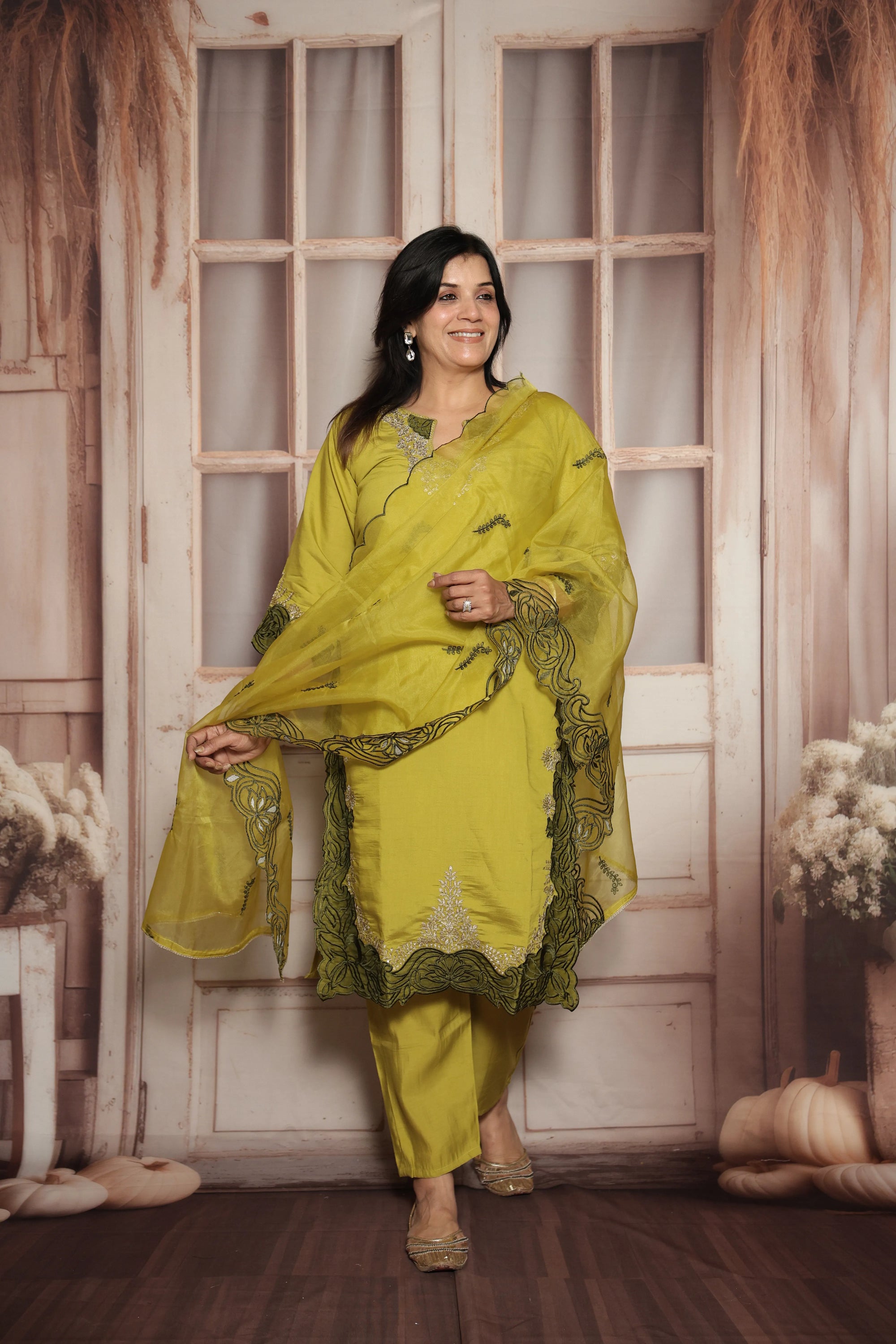 Strong Olive Knee-Length Kurta Dupatta Set | Patch Work & Sequin Embroidery