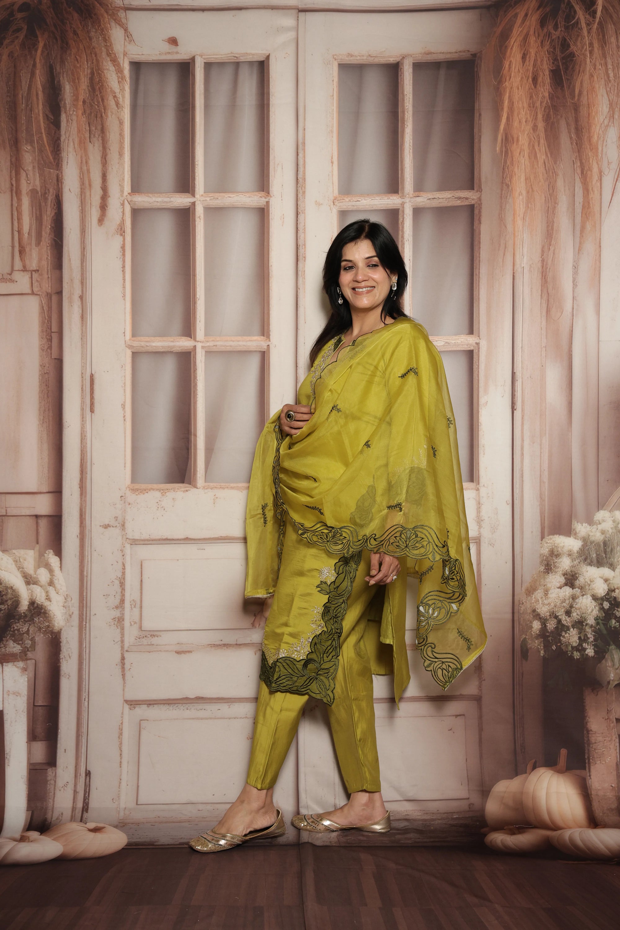 Strong Olive Knee-Length Kurta Dupatta Set | Patch Work & Sequin Embroidery