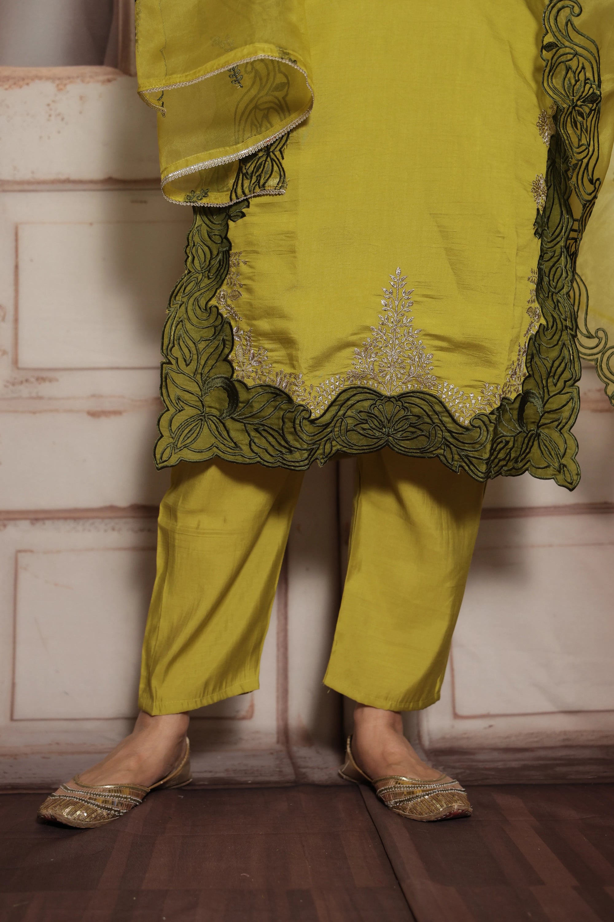 Strong Olive Knee-Length Kurta Dupatta Set | Patch Work & Sequin Embroidery