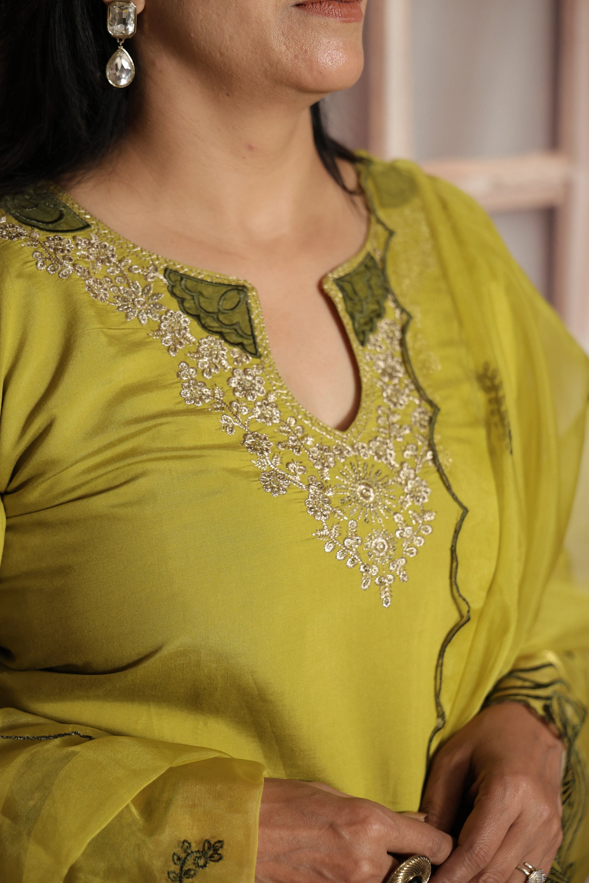 Strong Olive Knee-Length Kurta Dupatta Set | Patch Work & Sequin Embroidery