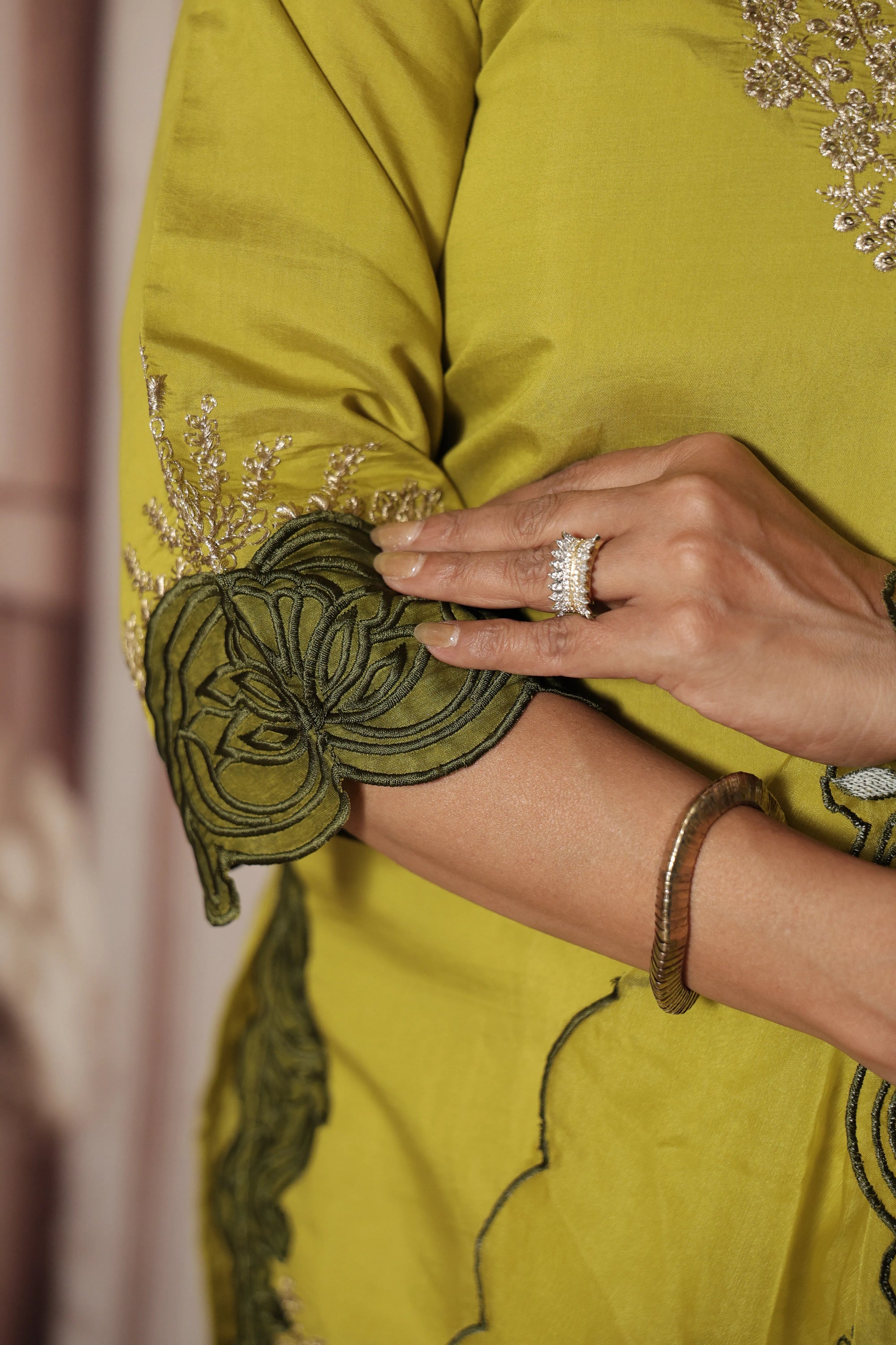 Strong Olive Knee-Length Kurta Dupatta Set | Patch Work & Sequin Embroidery