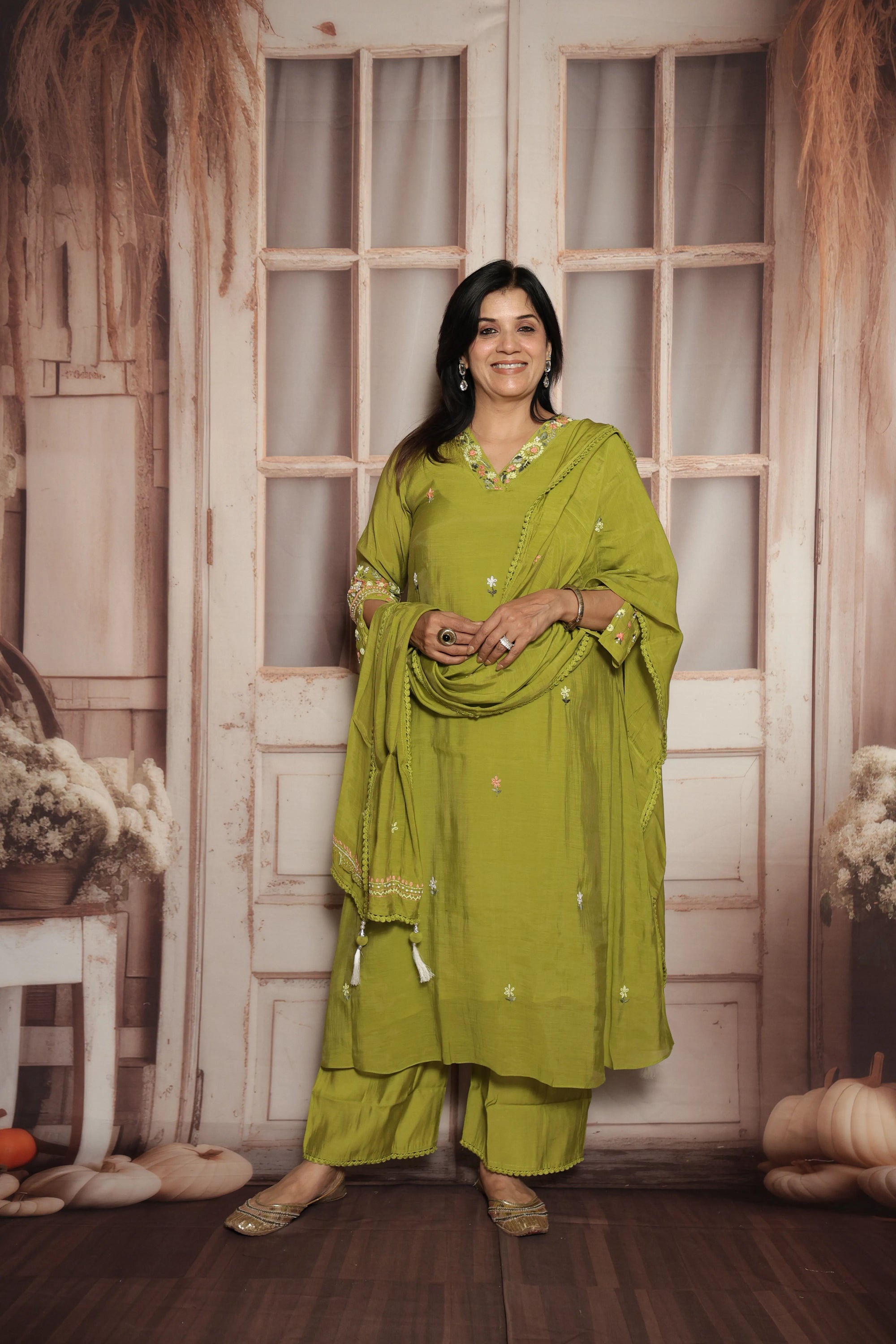Pear Green A-Line Kurta Dupatta Set | Elegant Thread Embroidery