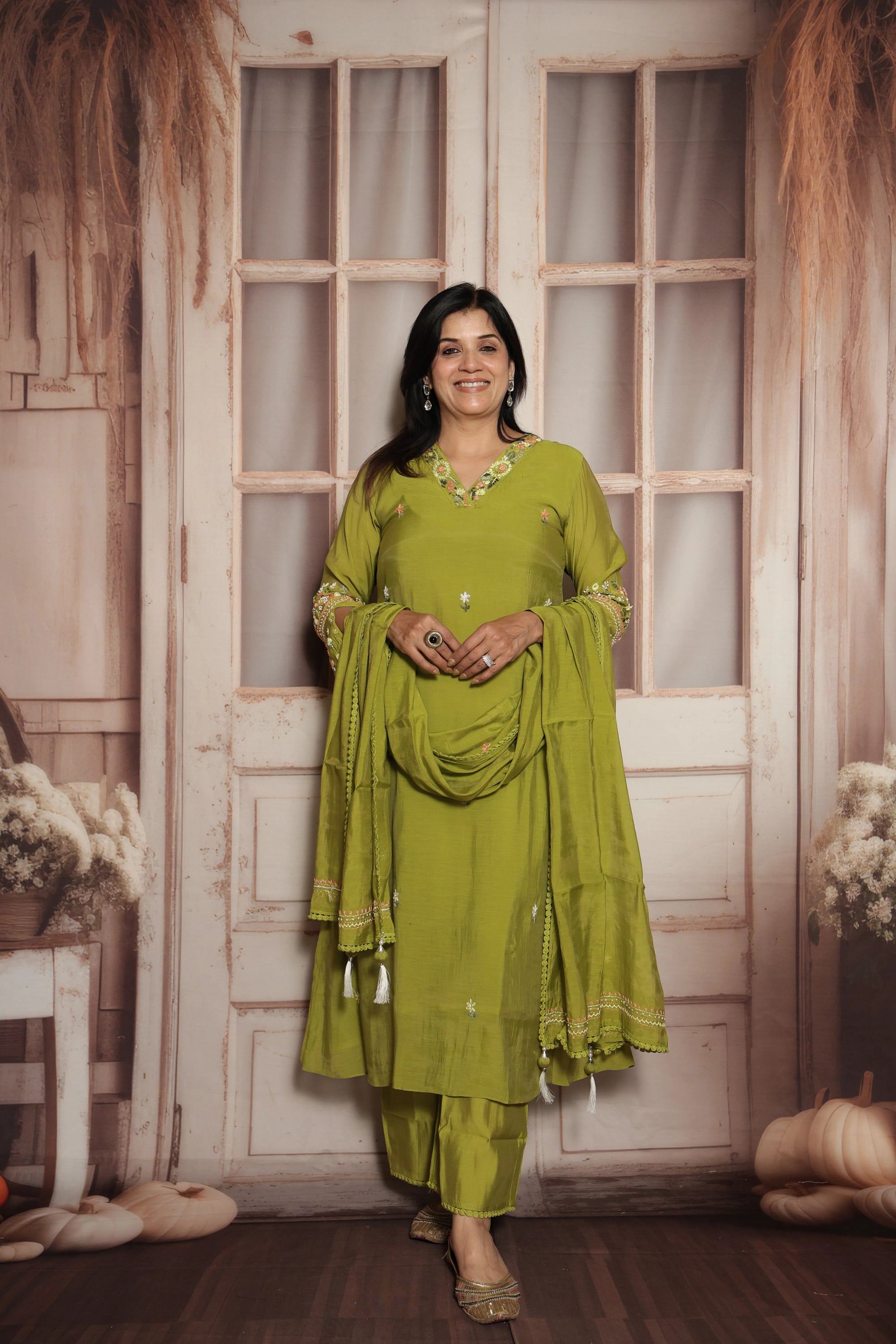 Pear Green A-Line Kurta Dupatta Set | Elegant Thread Embroidery
