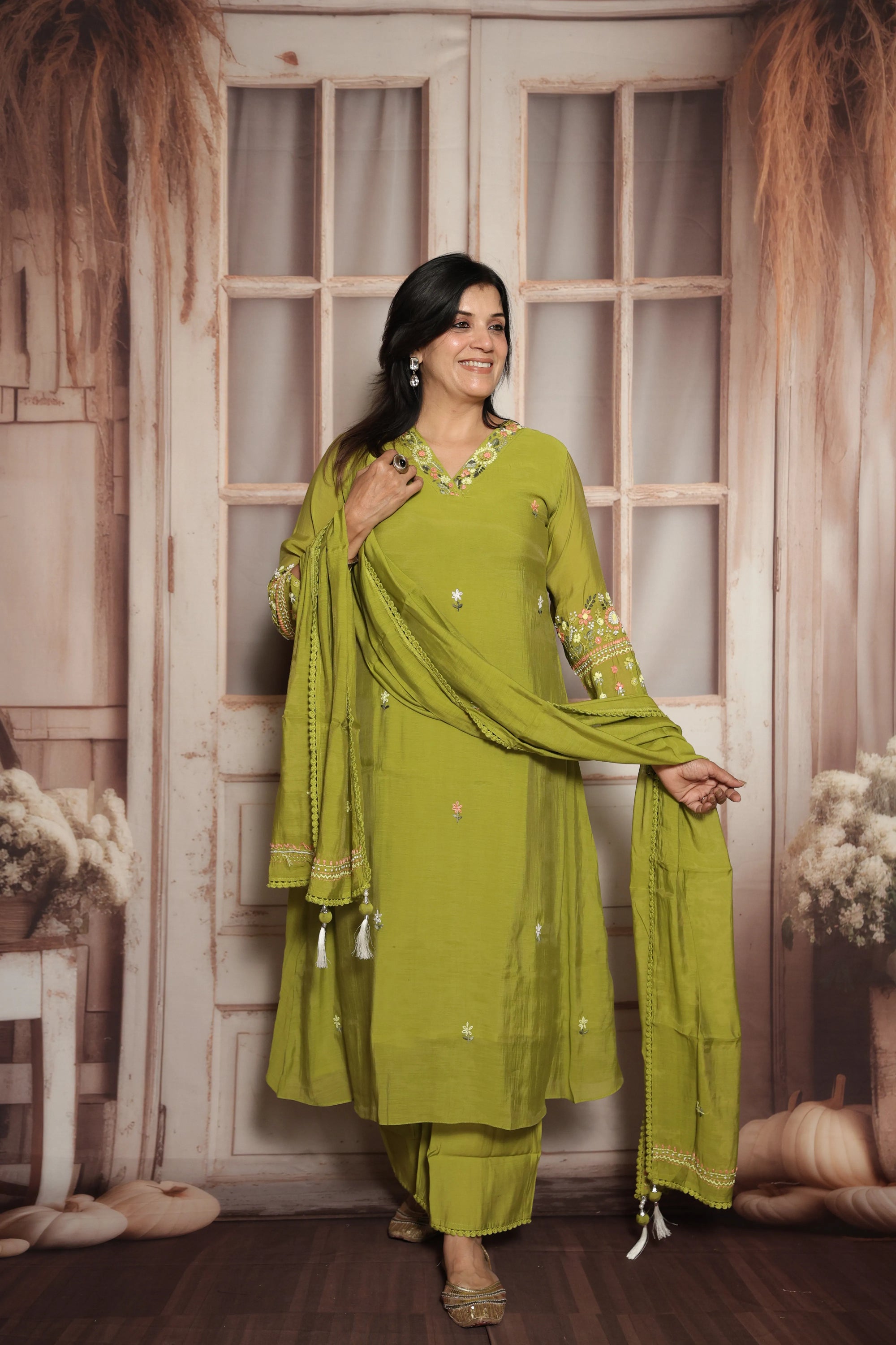 Pear Green A-Line Kurta Dupatta Set | Elegant Thread Embroidery