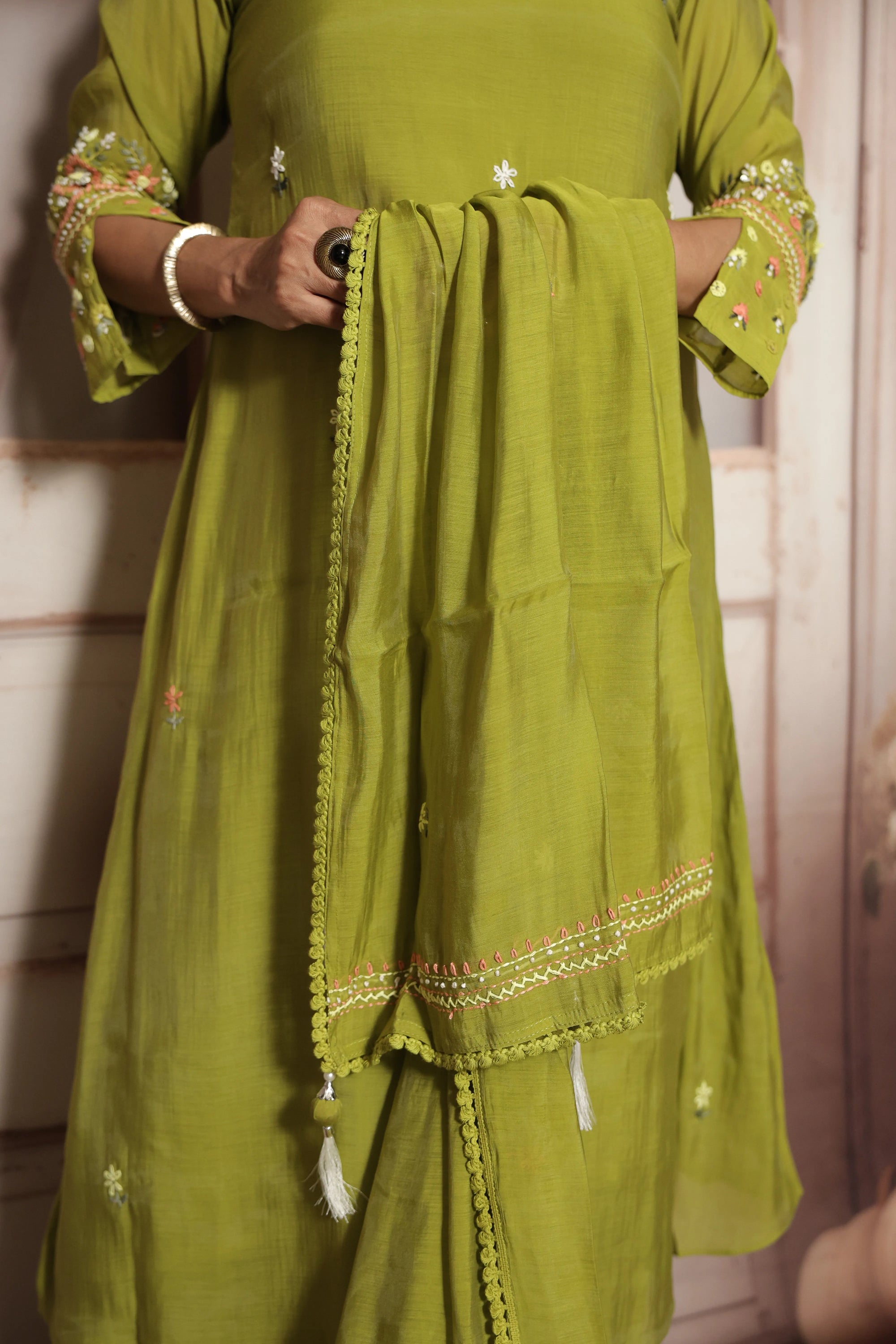 Pear Green A-Line Kurta Dupatta Set | Elegant Thread Embroidery