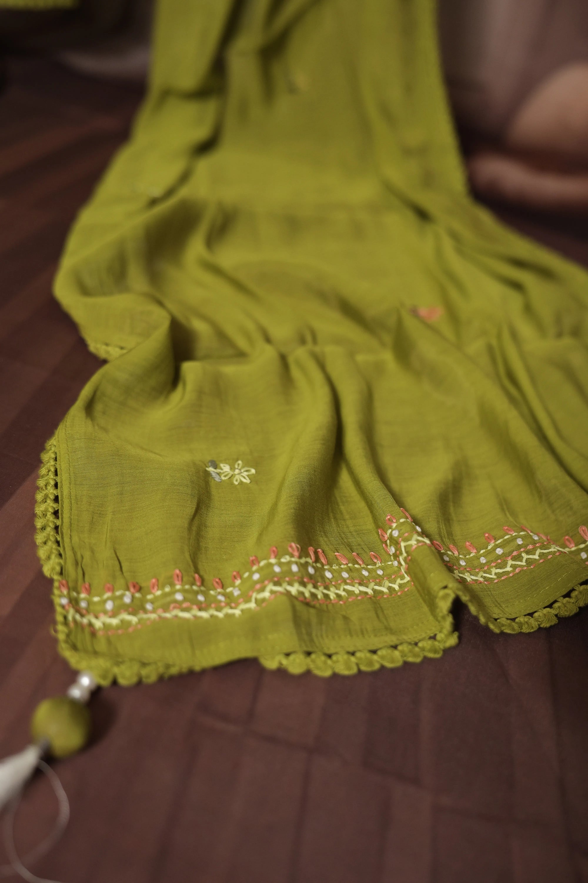 Pear Green A-Line Kurta Dupatta Set | Elegant Thread Embroidery