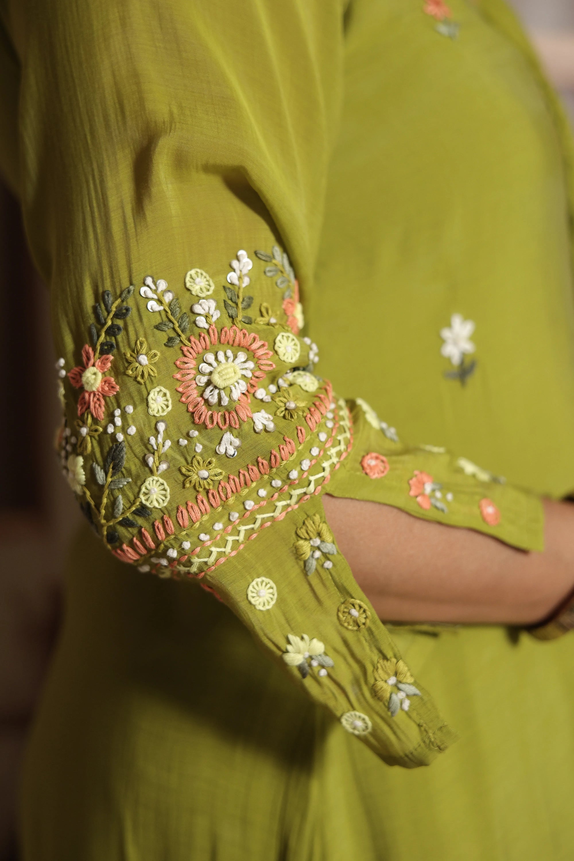 Pear Green A-Line Kurta Dupatta Set | Elegant Thread Embroidery