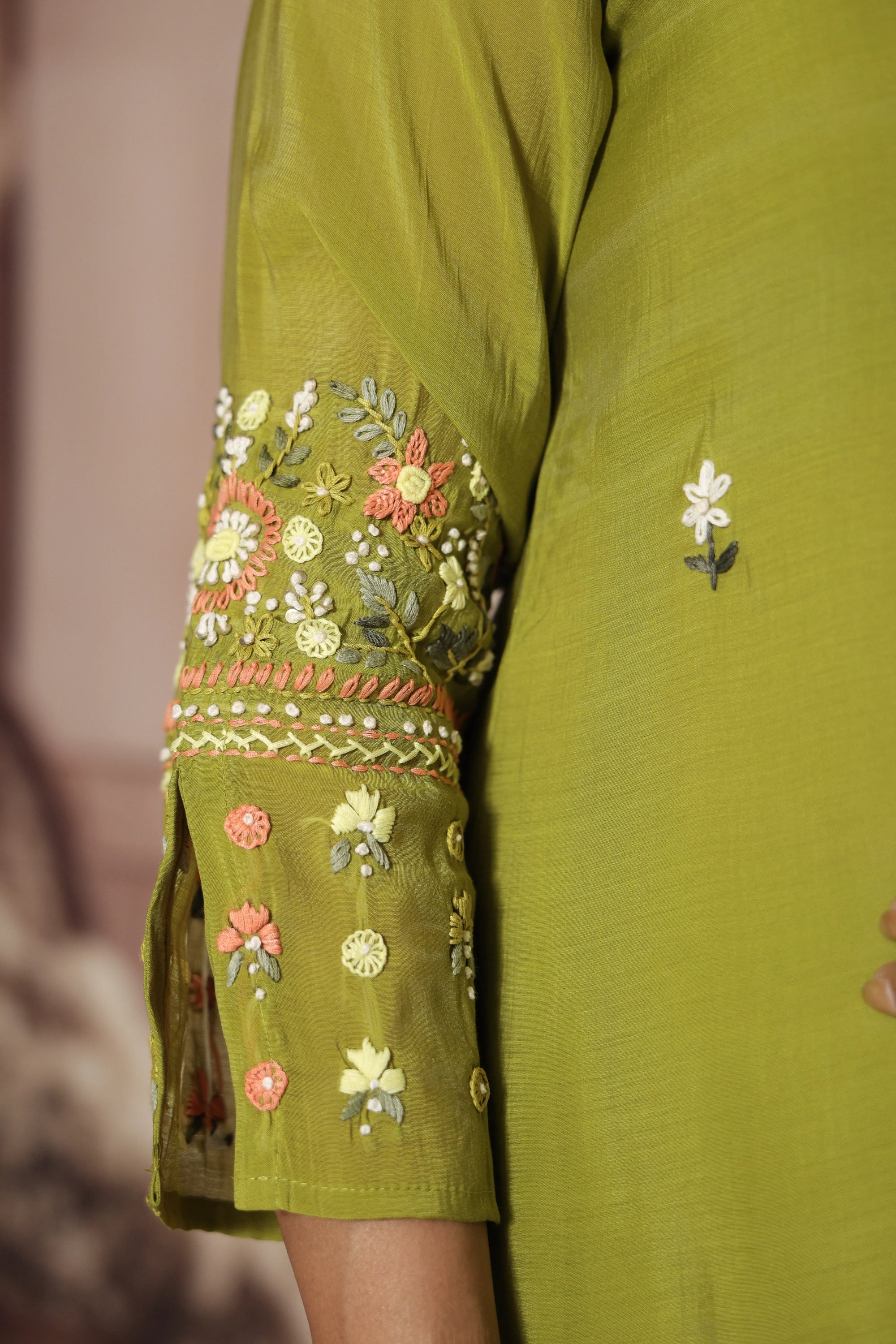 Pear Green A-Line Kurta Dupatta Set | Elegant Thread Embroidery