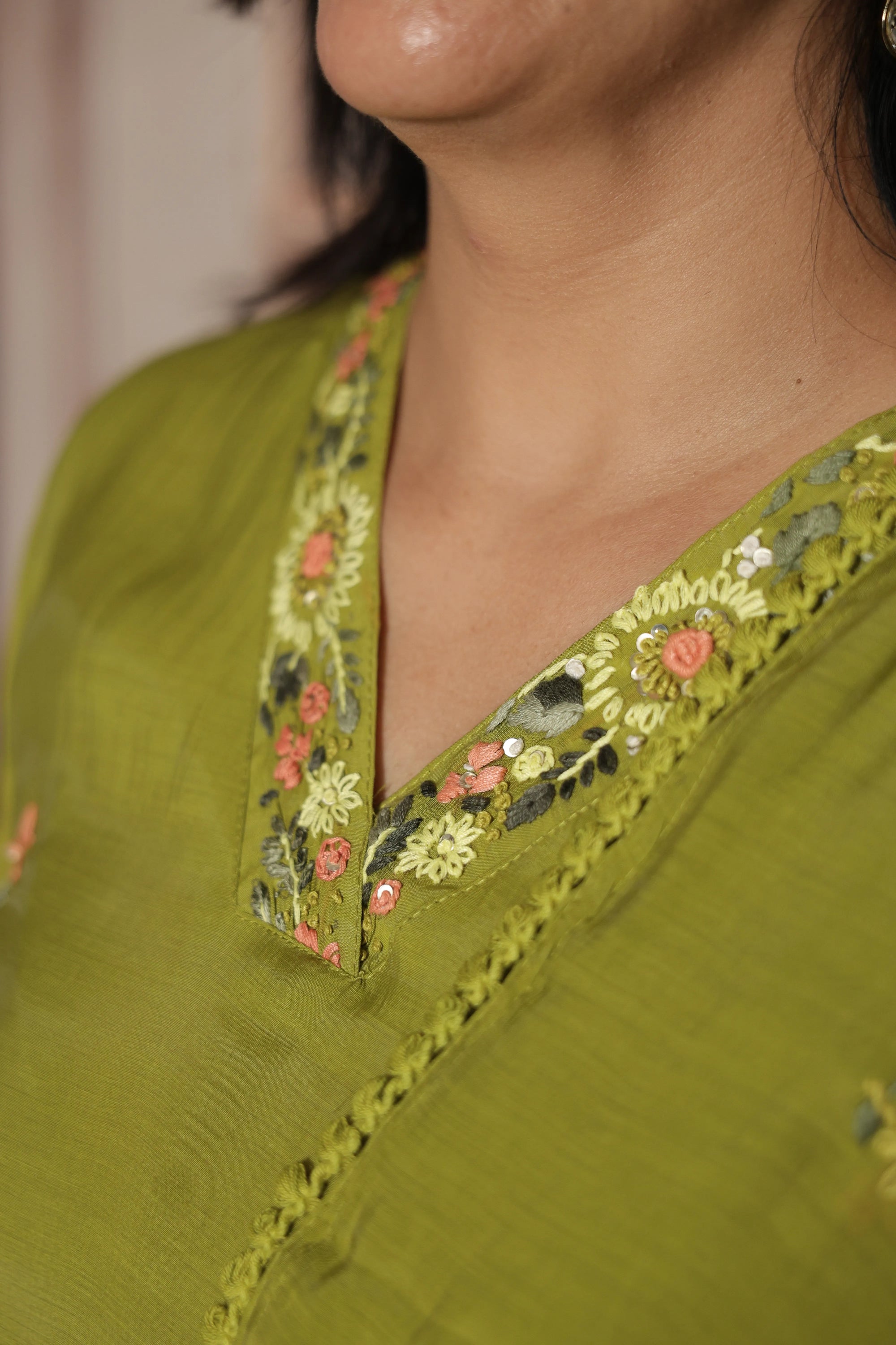 Pear Green A-Line Kurta Dupatta Set | Elegant Thread Embroidery