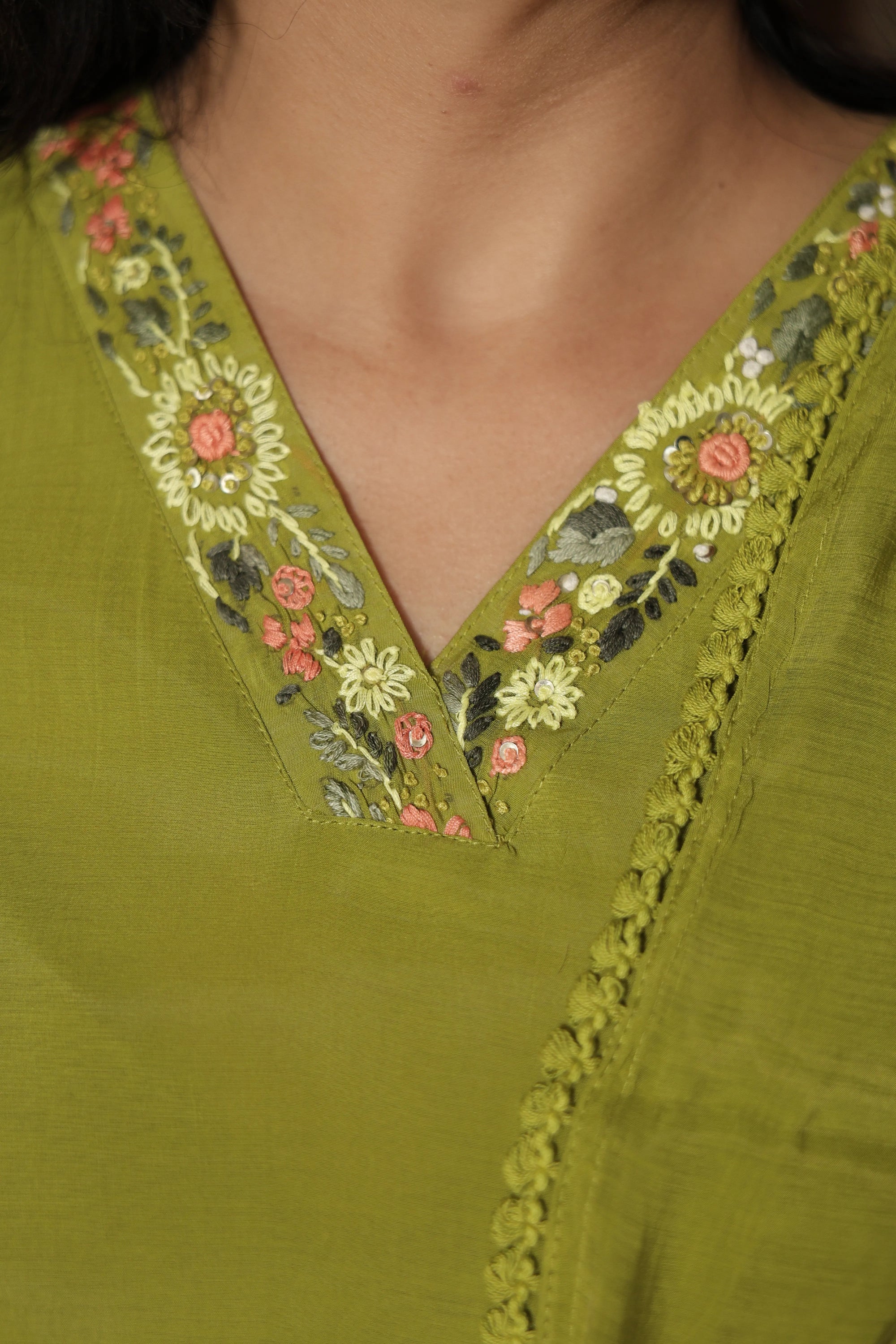 Pear Green A-Line Kurta Dupatta Set | Elegant Thread Embroidery