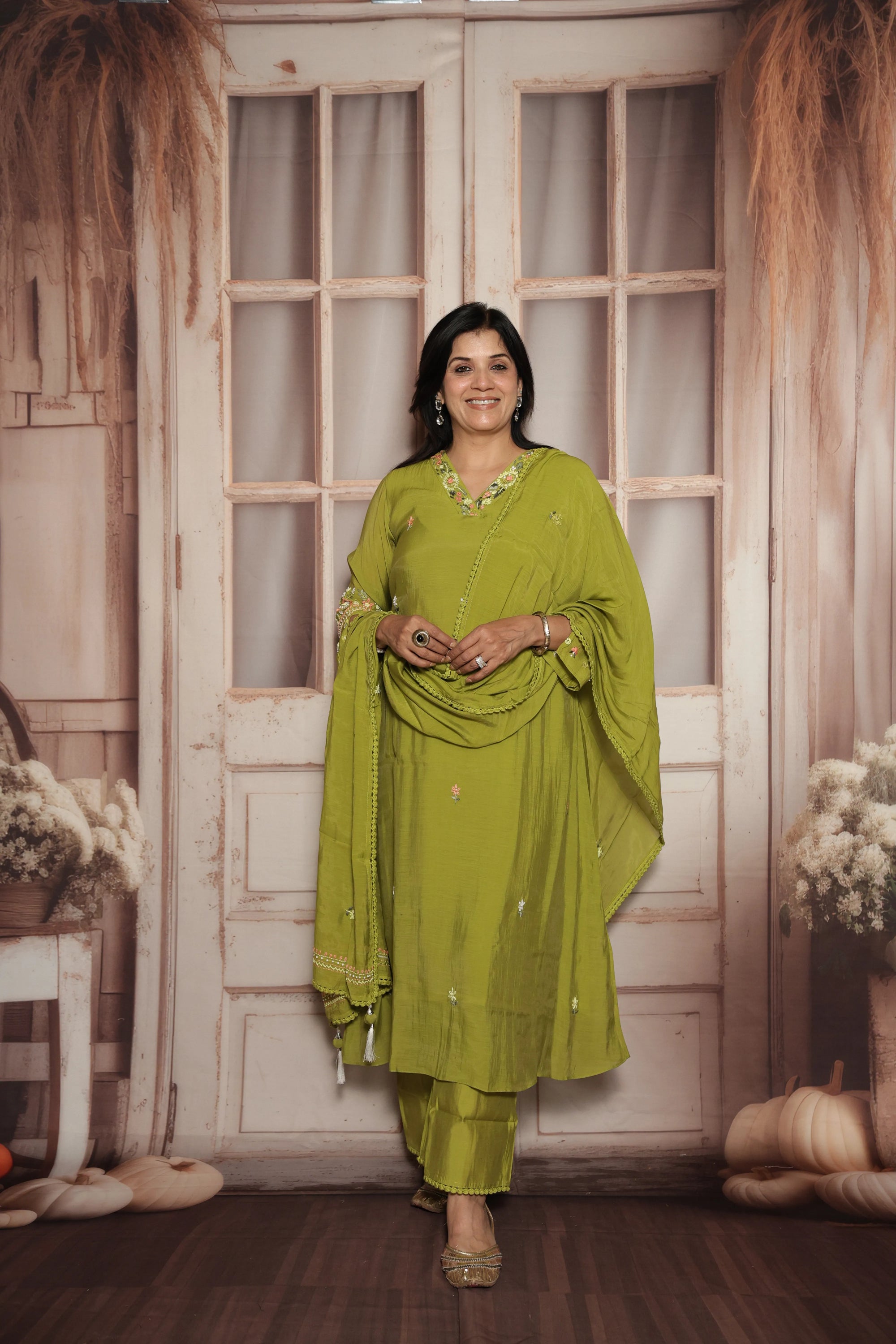 Pear Green A-Line Kurta Dupatta Set | Elegant Thread Embroidery